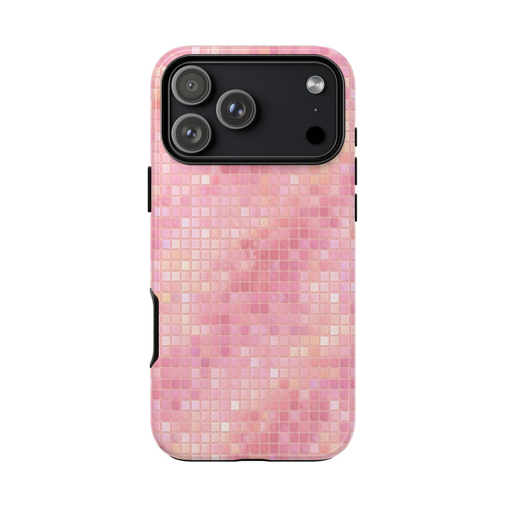 Baby pink mosaic phone case, back view with camera cutout and side openings