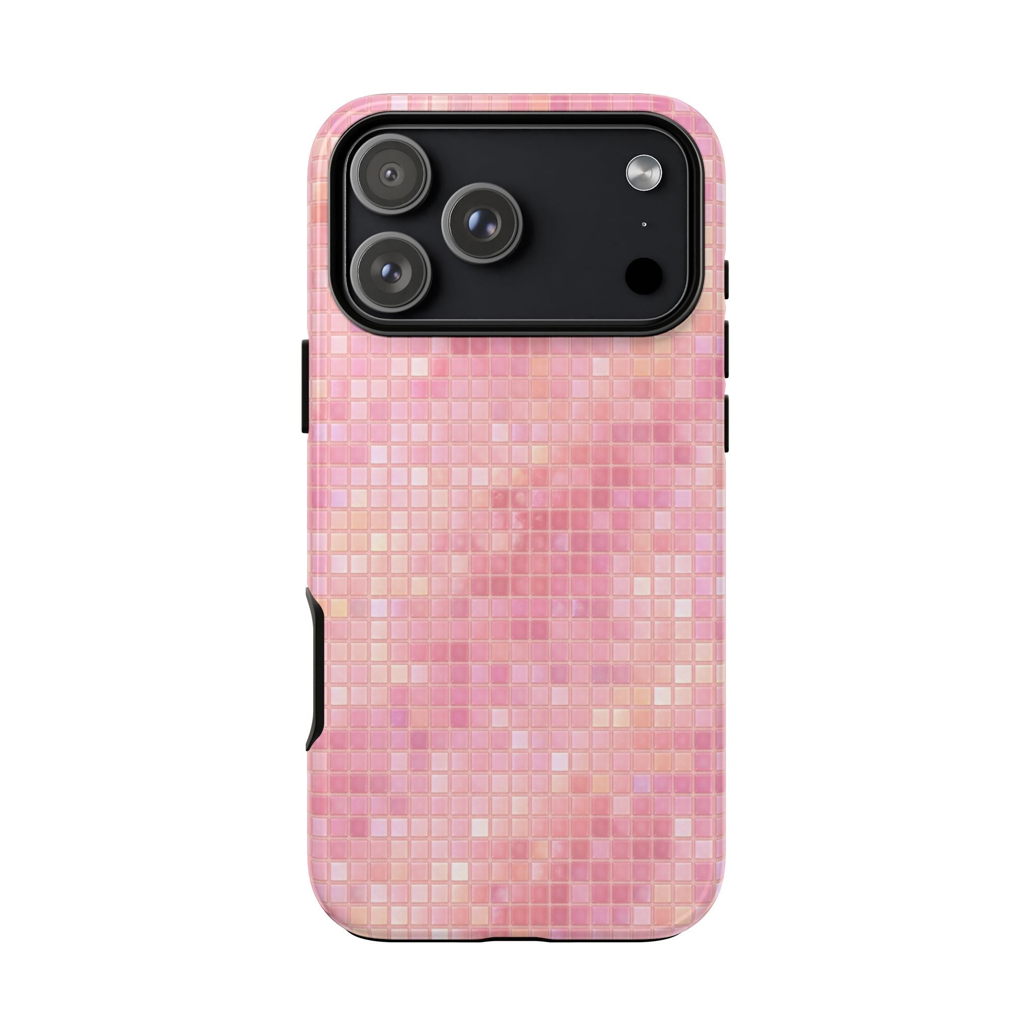 Baby pink mosaic phone case, back view with camera cutout and side openings