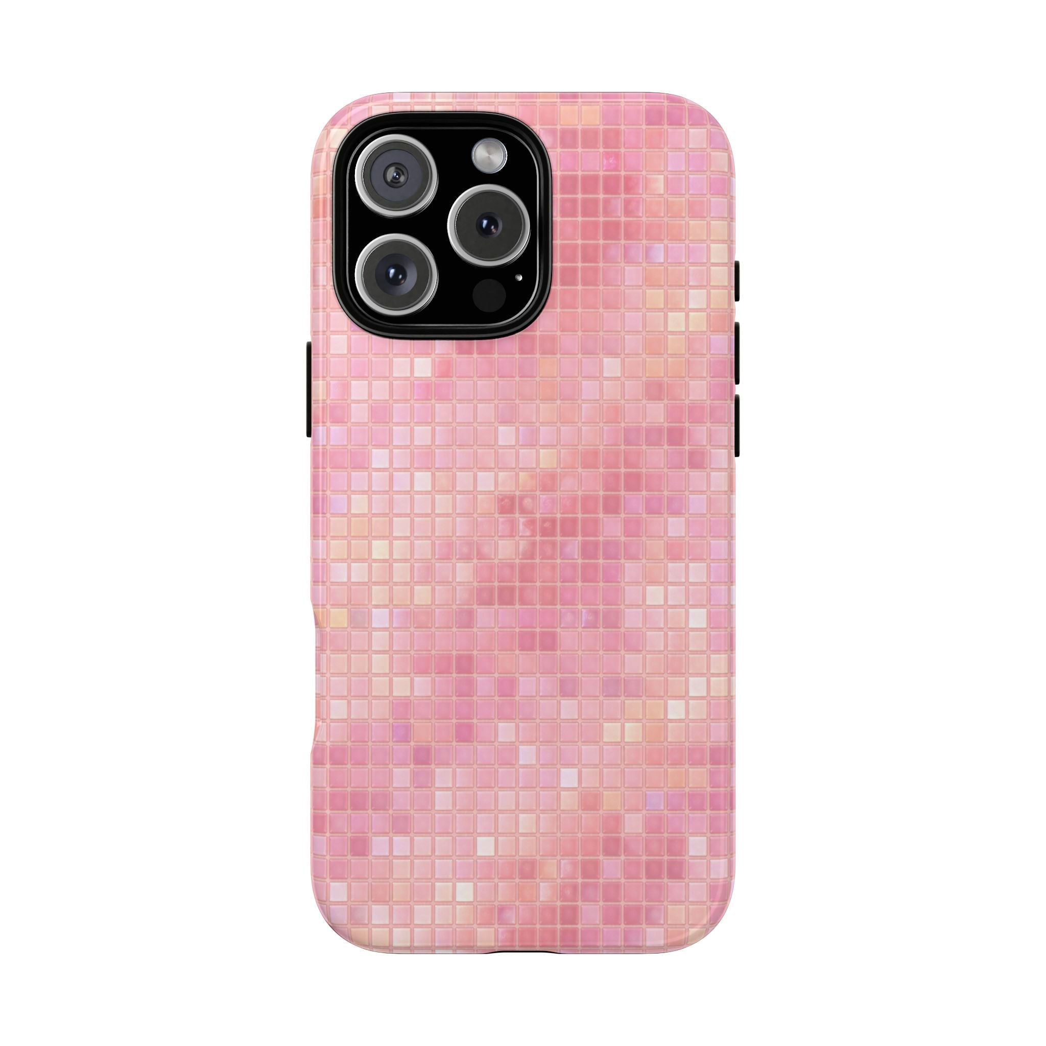 Baby pink mosaic phone case with cutouts around black camera panel