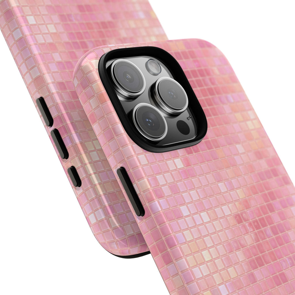 Baby pink mosaic phone case angled view showing camera lenses and side button cutouts