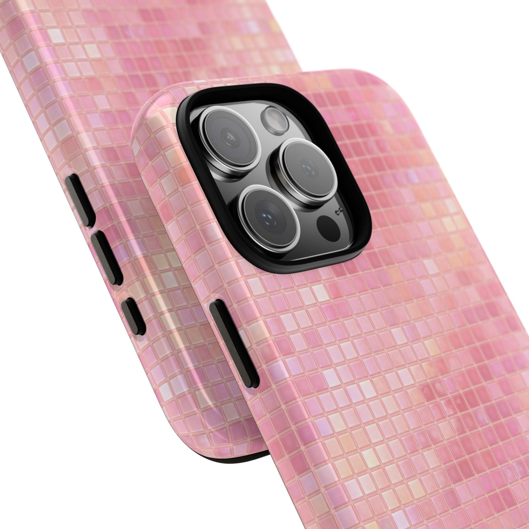 Baby pink mosaic phone case angled view showing camera lenses and side button cutouts