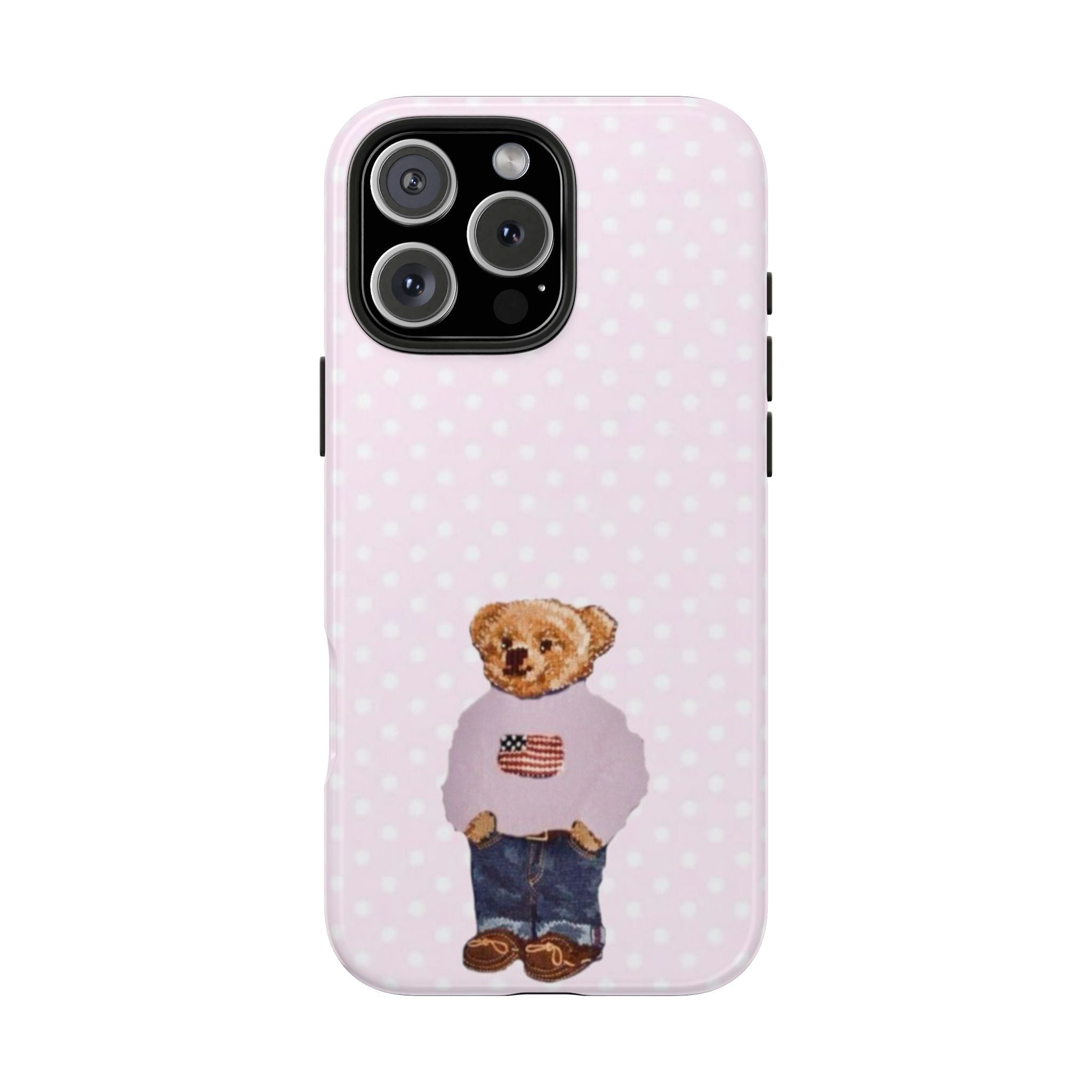 Light pink phone case with white polka dots and teddy bear in USA shirt on back