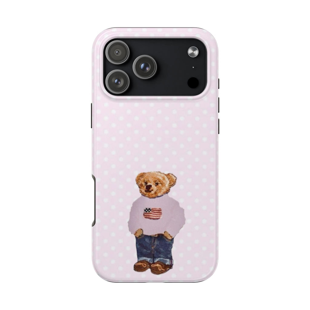 Light pink back phone case with white polka dots and full teddy bear wearing USA outfit