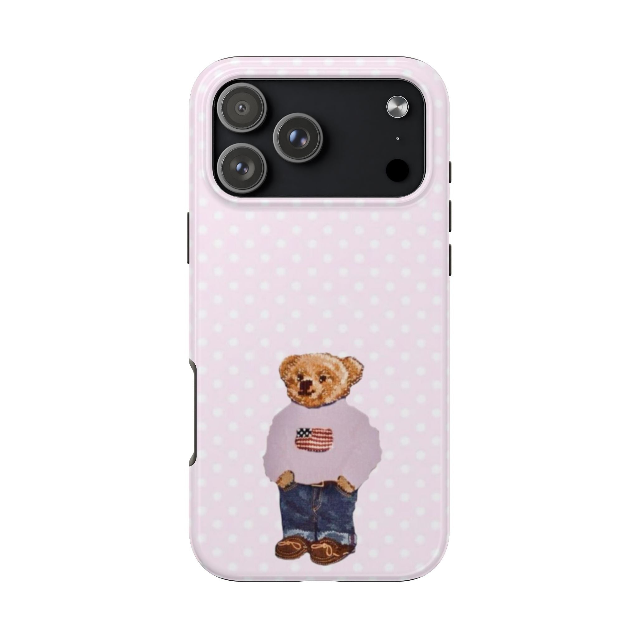 Light pink back phone case with white polka dots and full teddy bear wearing USA outfit