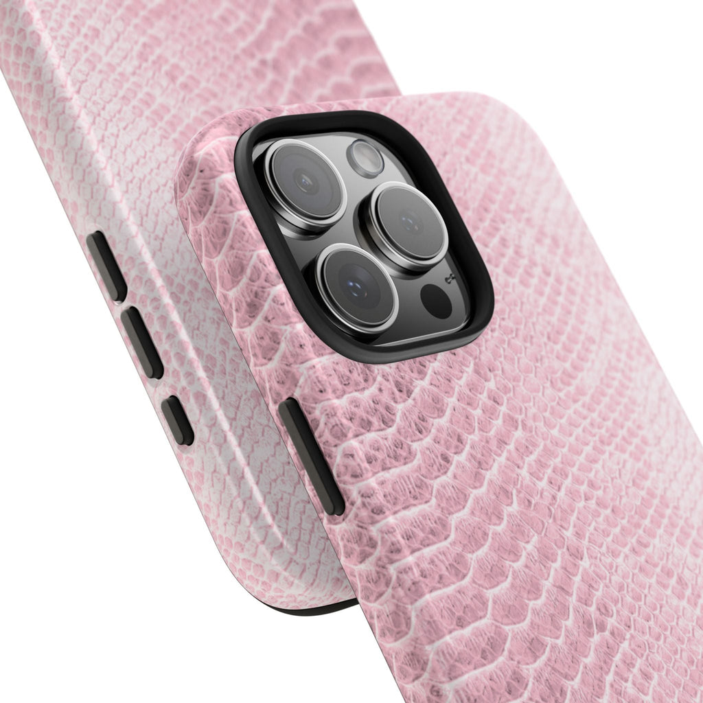 Baby pink python snake print phone case angle view, side buttons and camera cutout