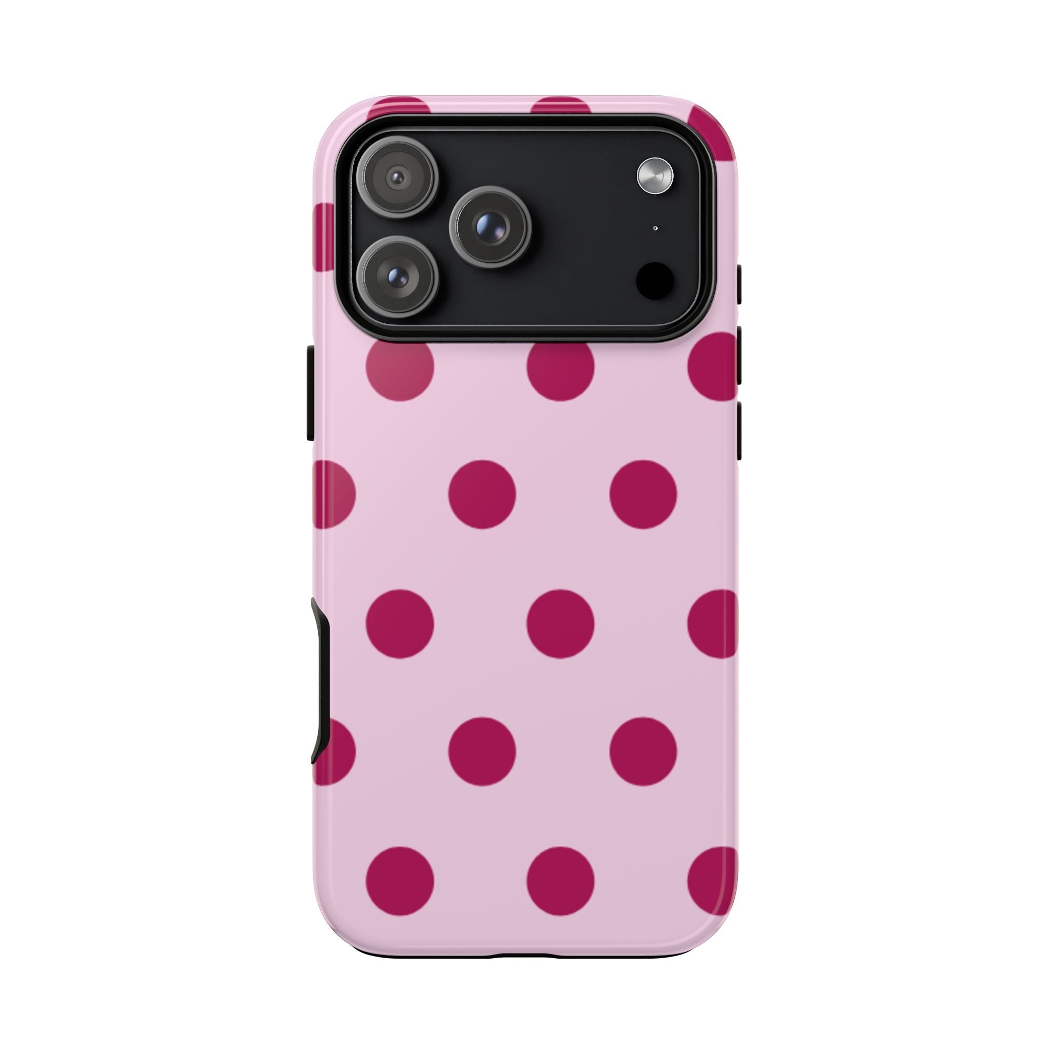 Baby pink case with raspberry polka dots and raised camera cutout