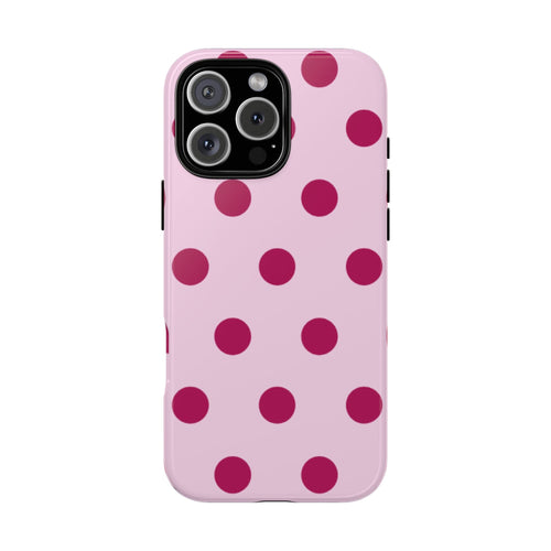 Baby pink phone case with raspberry polka dots, glossy look around camera