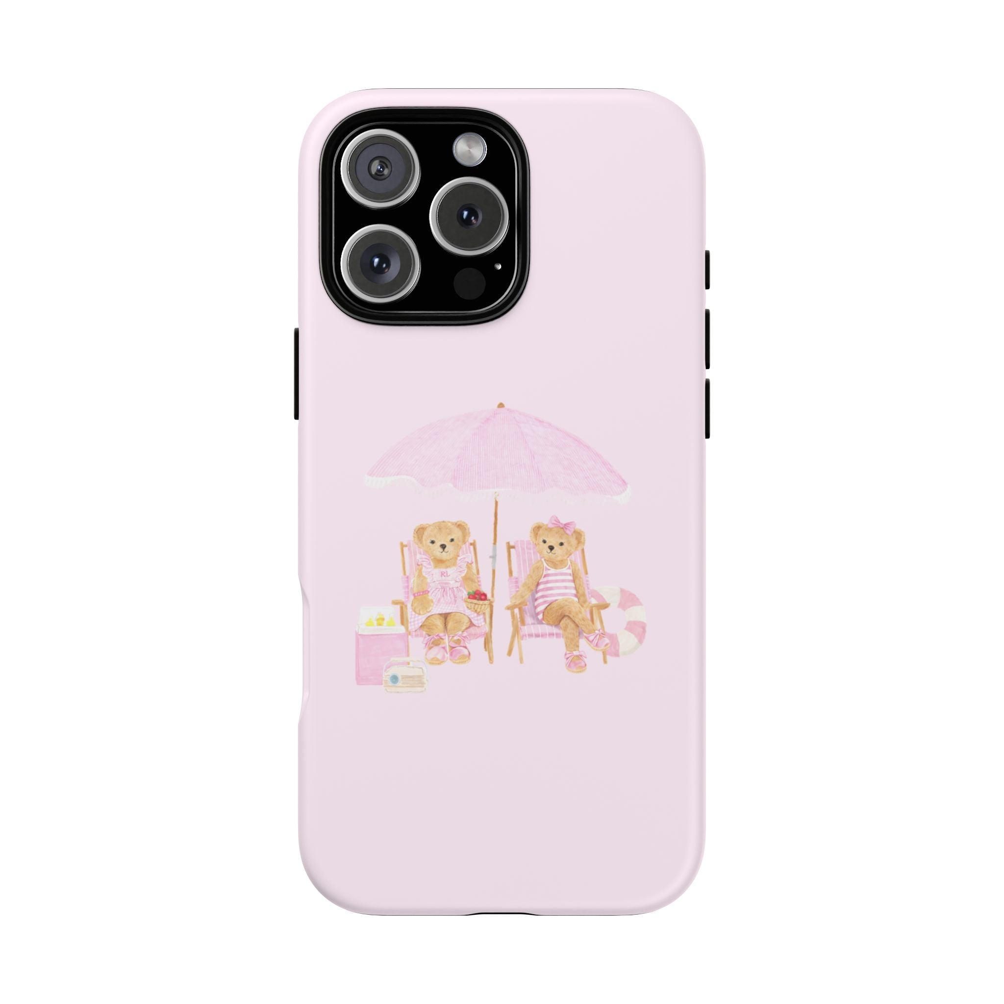 Baby pink phone case with two teddy bears at a beach table under a pink umbrella