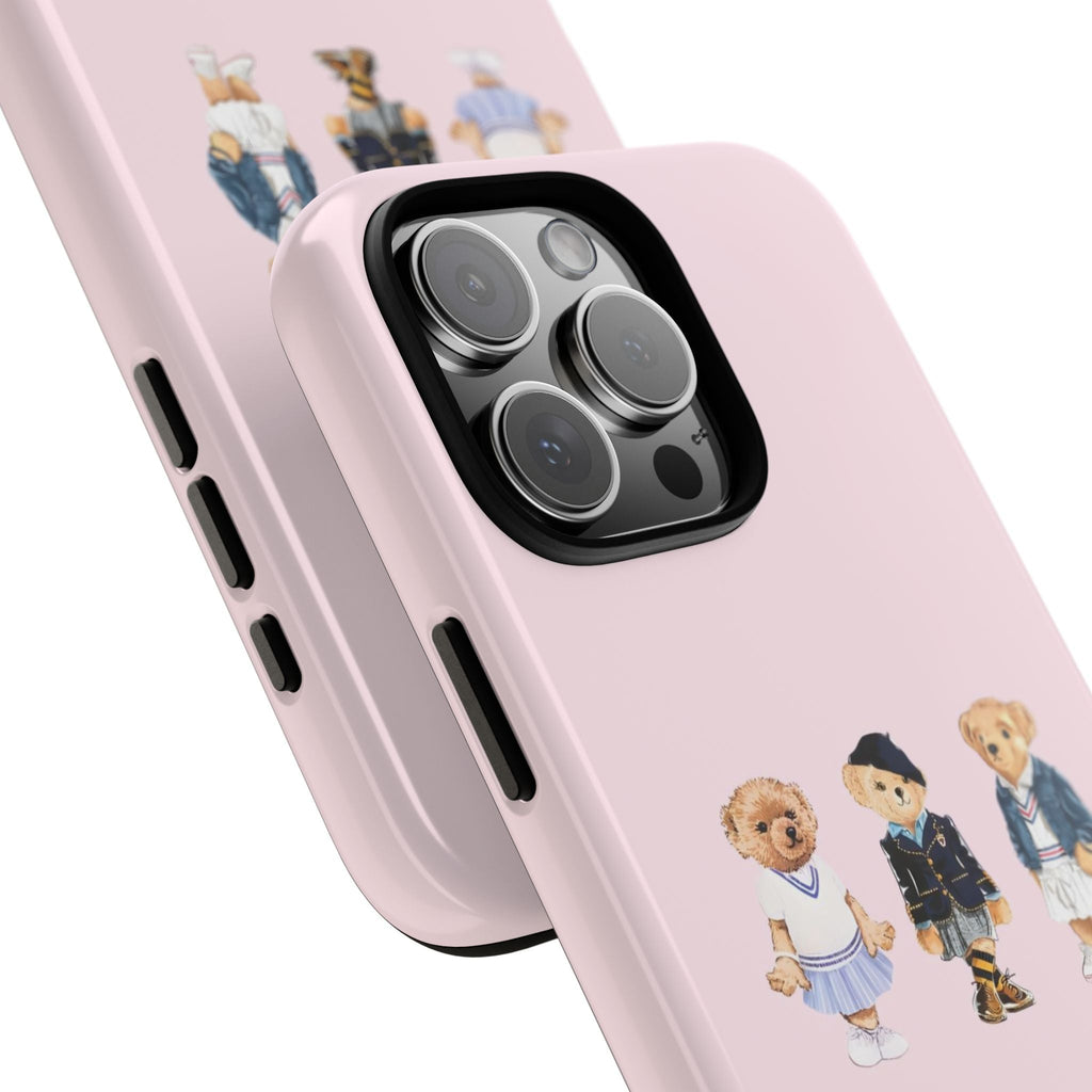 Pink phone case showing side buttons and teddy bear character design on back