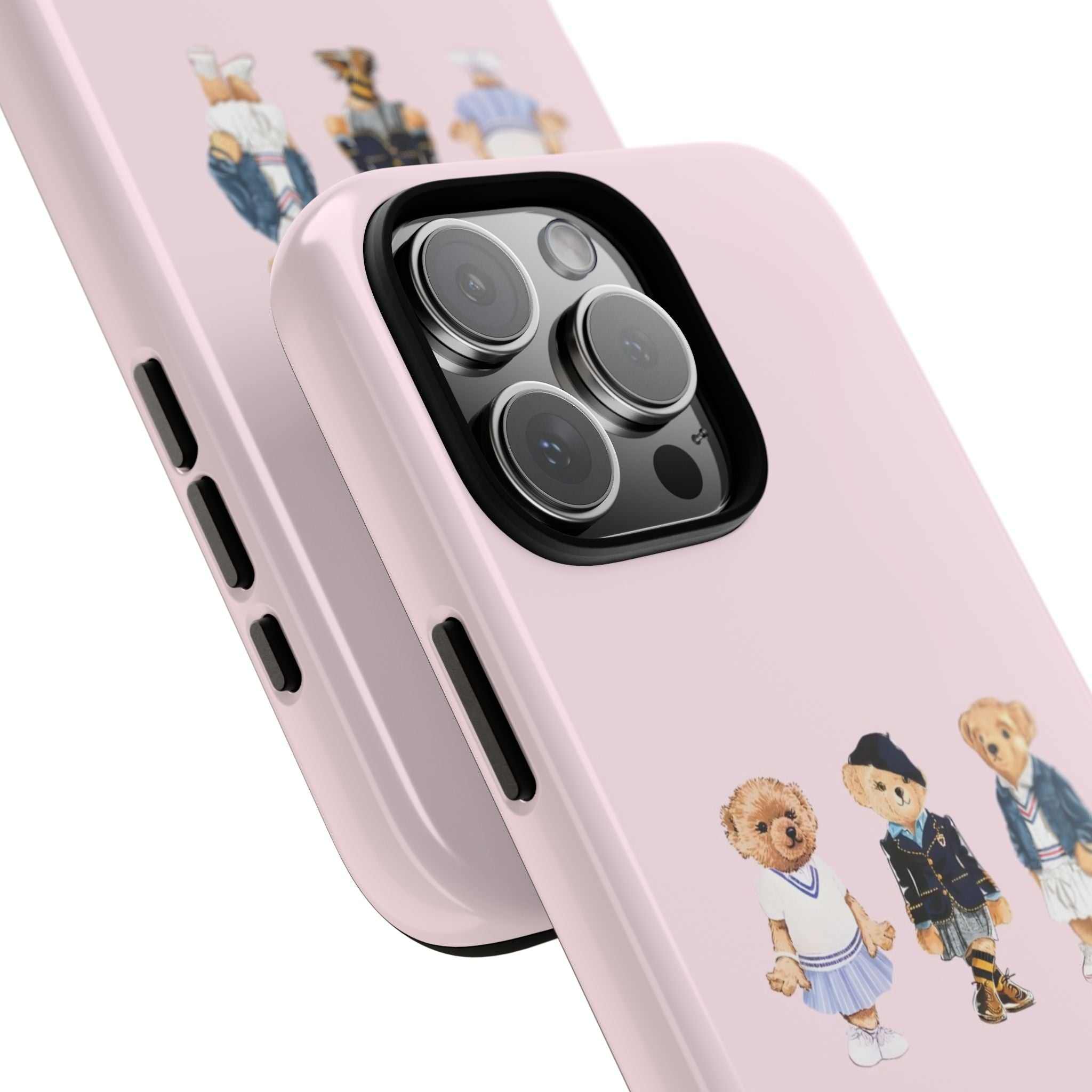 Pink phone case showing side buttons and teddy bear character design on back