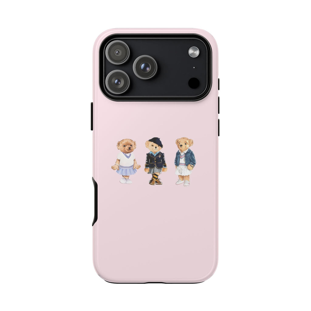 Pink phone case back with teddy bear characters and cutout for camera module