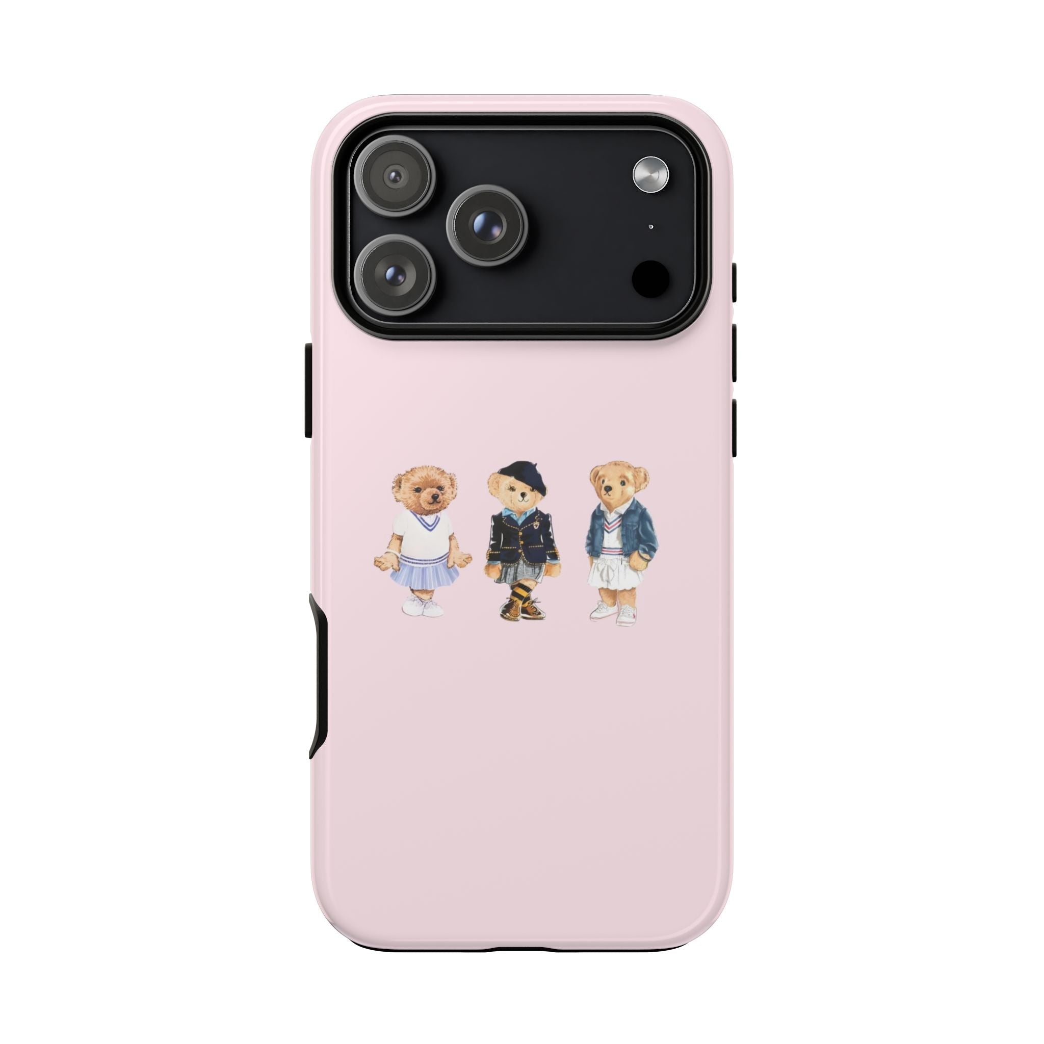 Pink phone case back with teddy bear characters and cutout for camera module