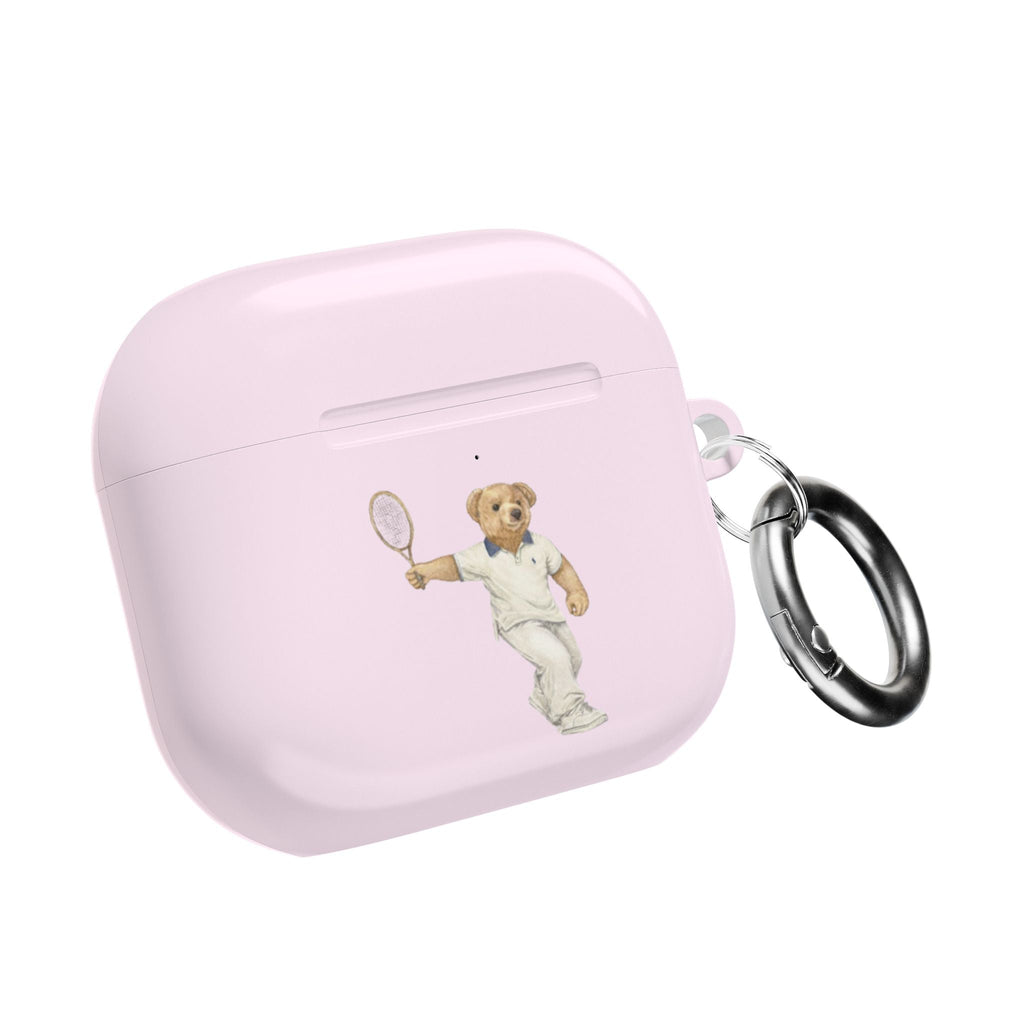 Light pink AirPods case with teddy tennis graphic and metal keyring loop