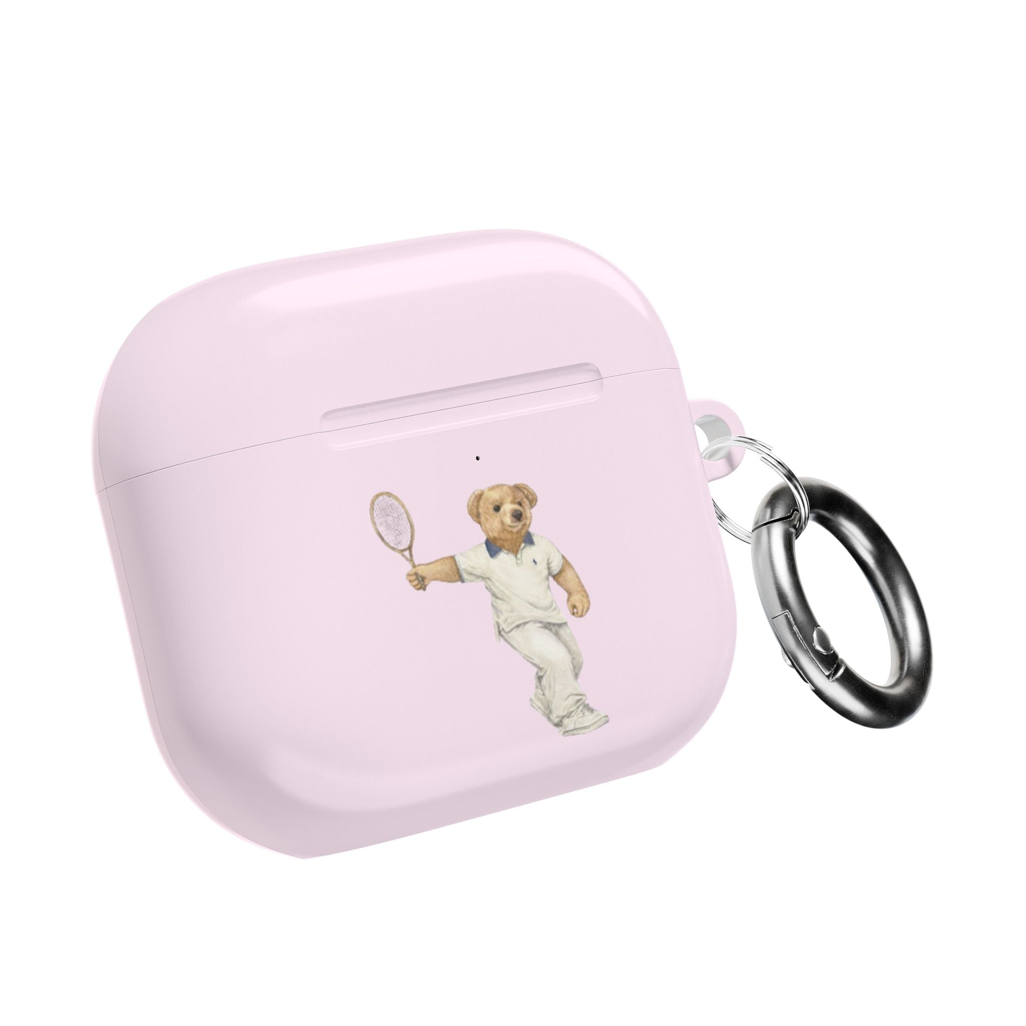 Light pink AirPods case with teddy tennis graphic and metal keyring loop