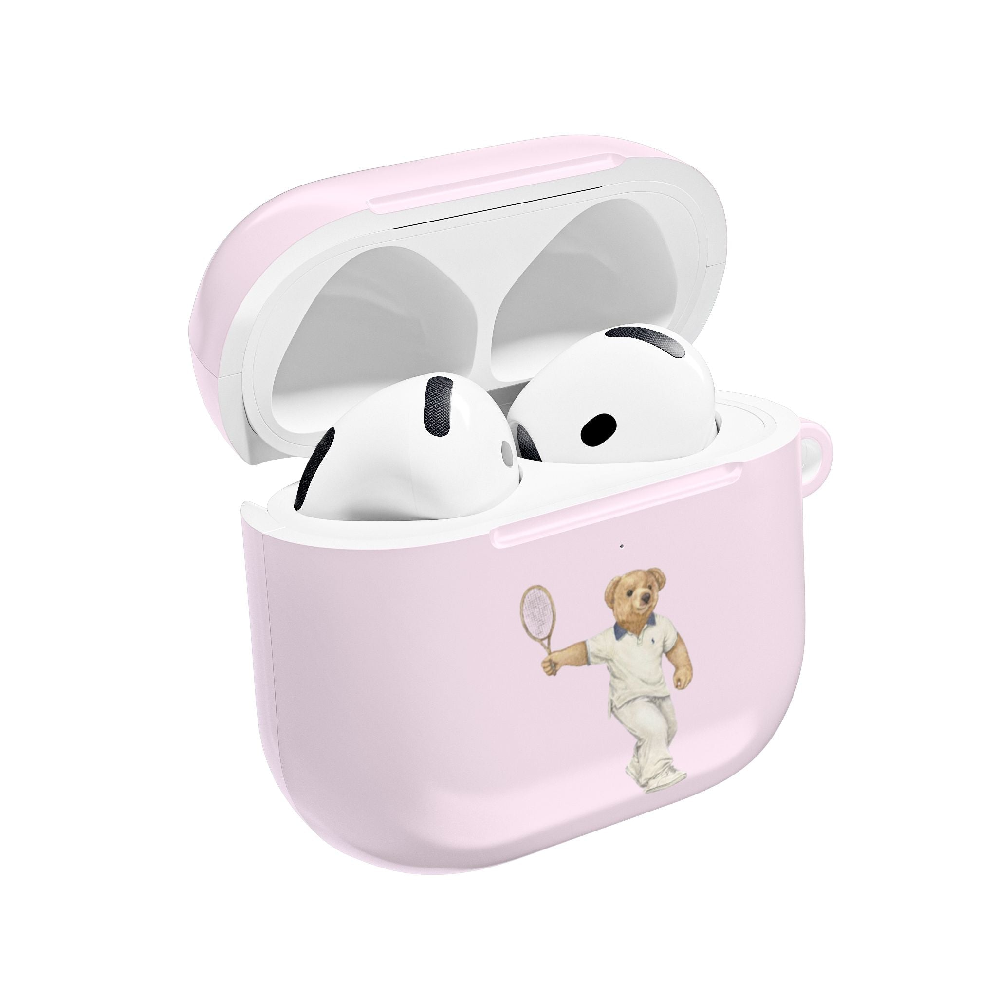 Light pink AirPods case with tennis bear graphic; lid open showing white earbuds