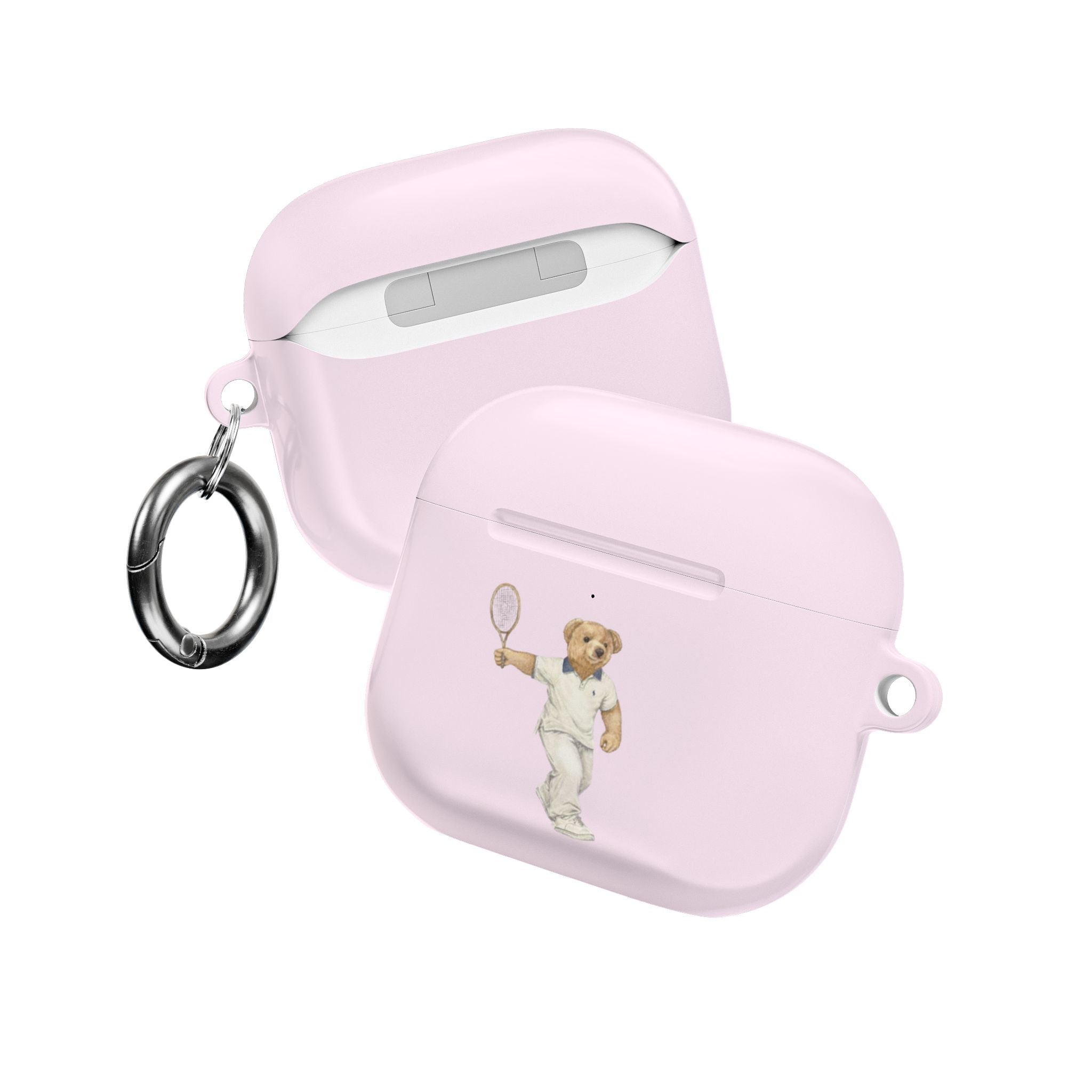 Light pink AirPods case front view with teddy tennis graphic and keyring loops