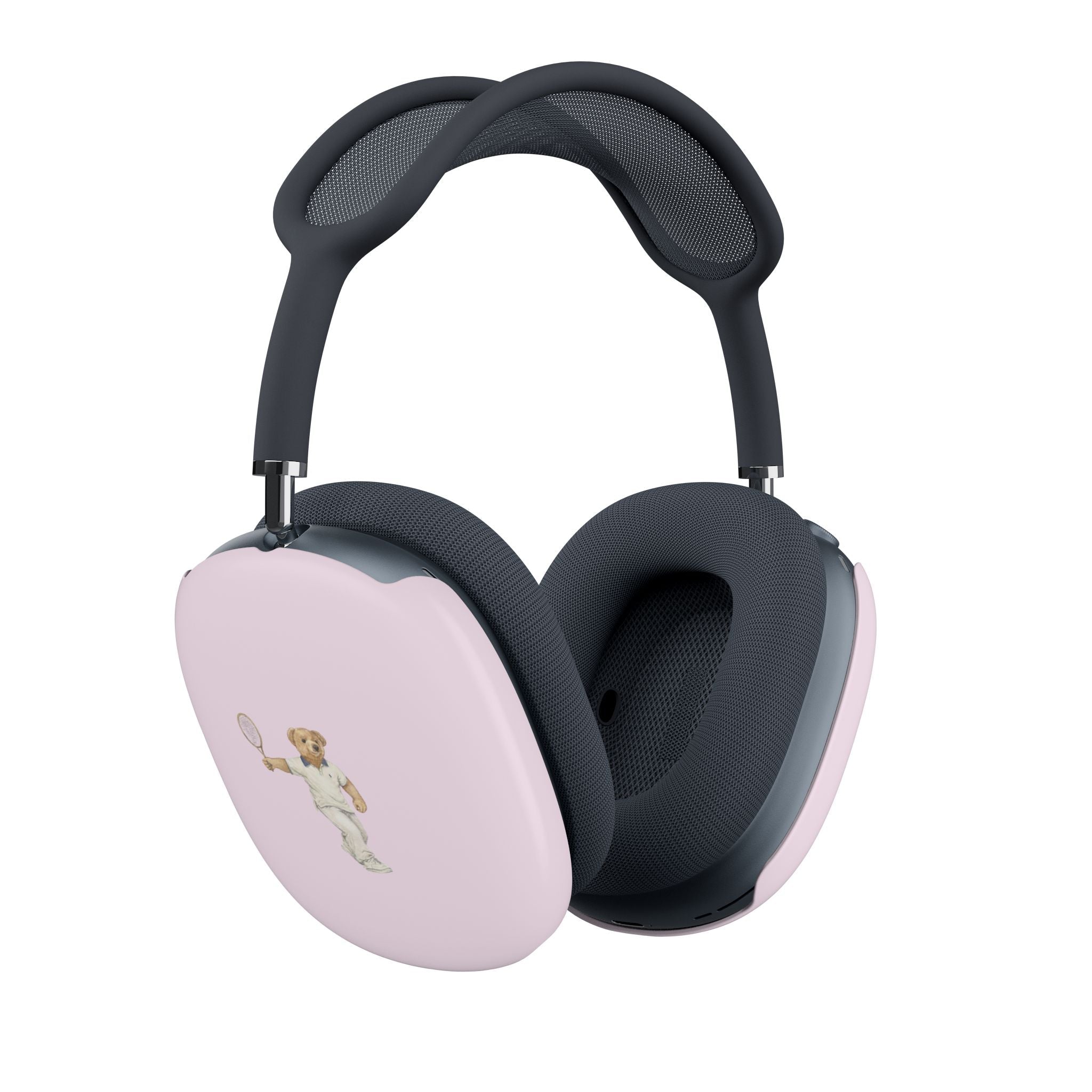 Baby pink ear cover case with teddy bear tennis player graphic on AirPods Max headphones