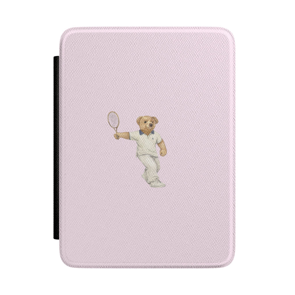 Baby pink tennis teddy bear Kindle hardcover case, textured fabric-look front