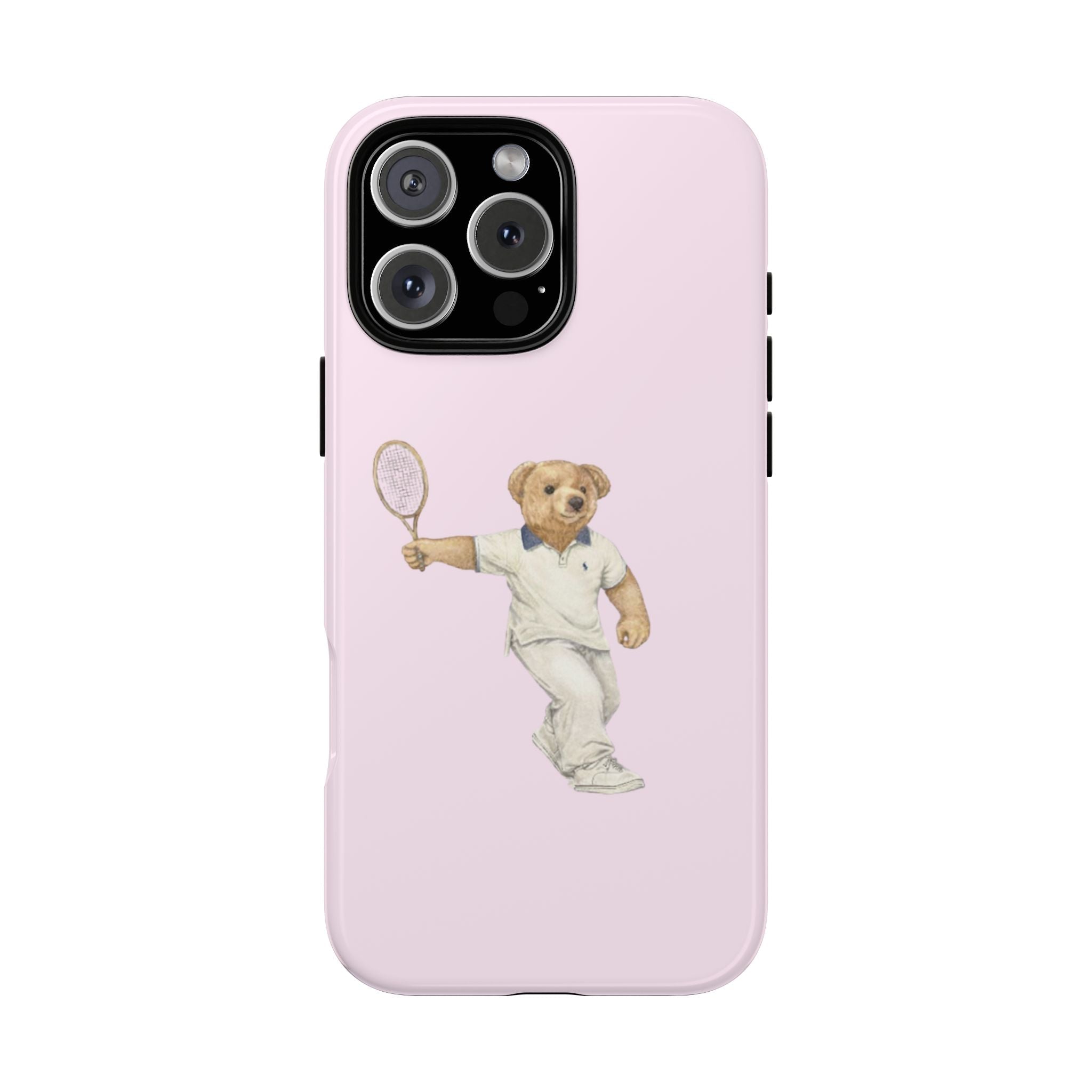 Baby pink phone case with teddy bear holding tennis racket graphic and lens cutouts