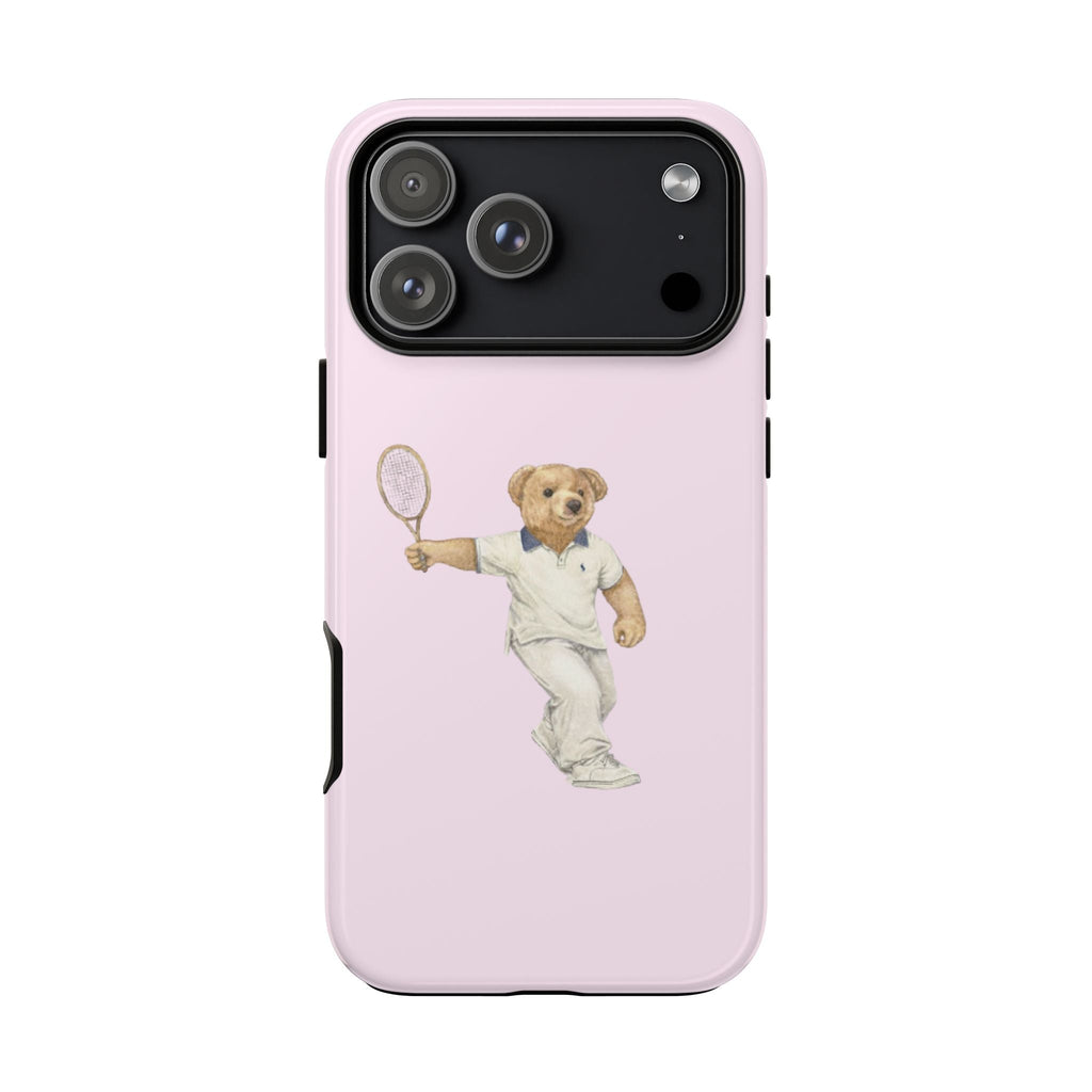 Baby pink phone case with teddy bear tennis player graphic and black camera bezel