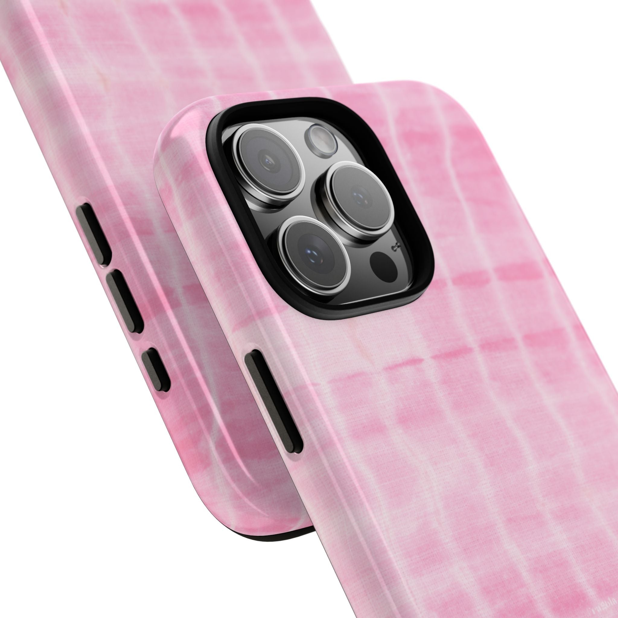 Pink shibori tie-dye phone case angled view with side button cutouts