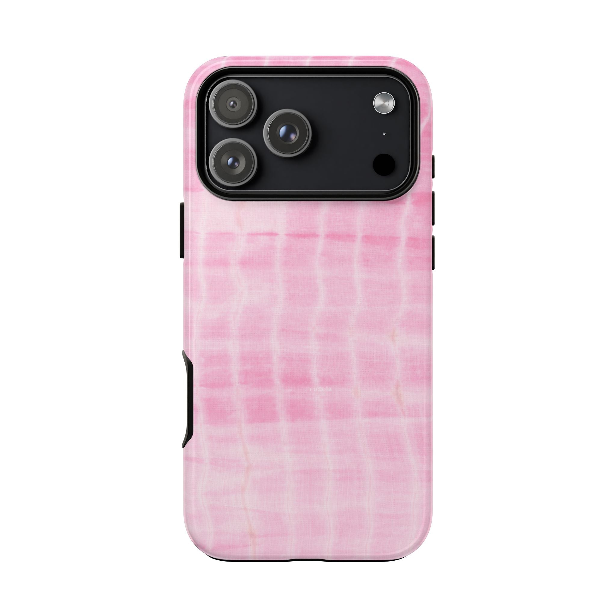 Pink shibori tie-dye phone case back with camera lens openings