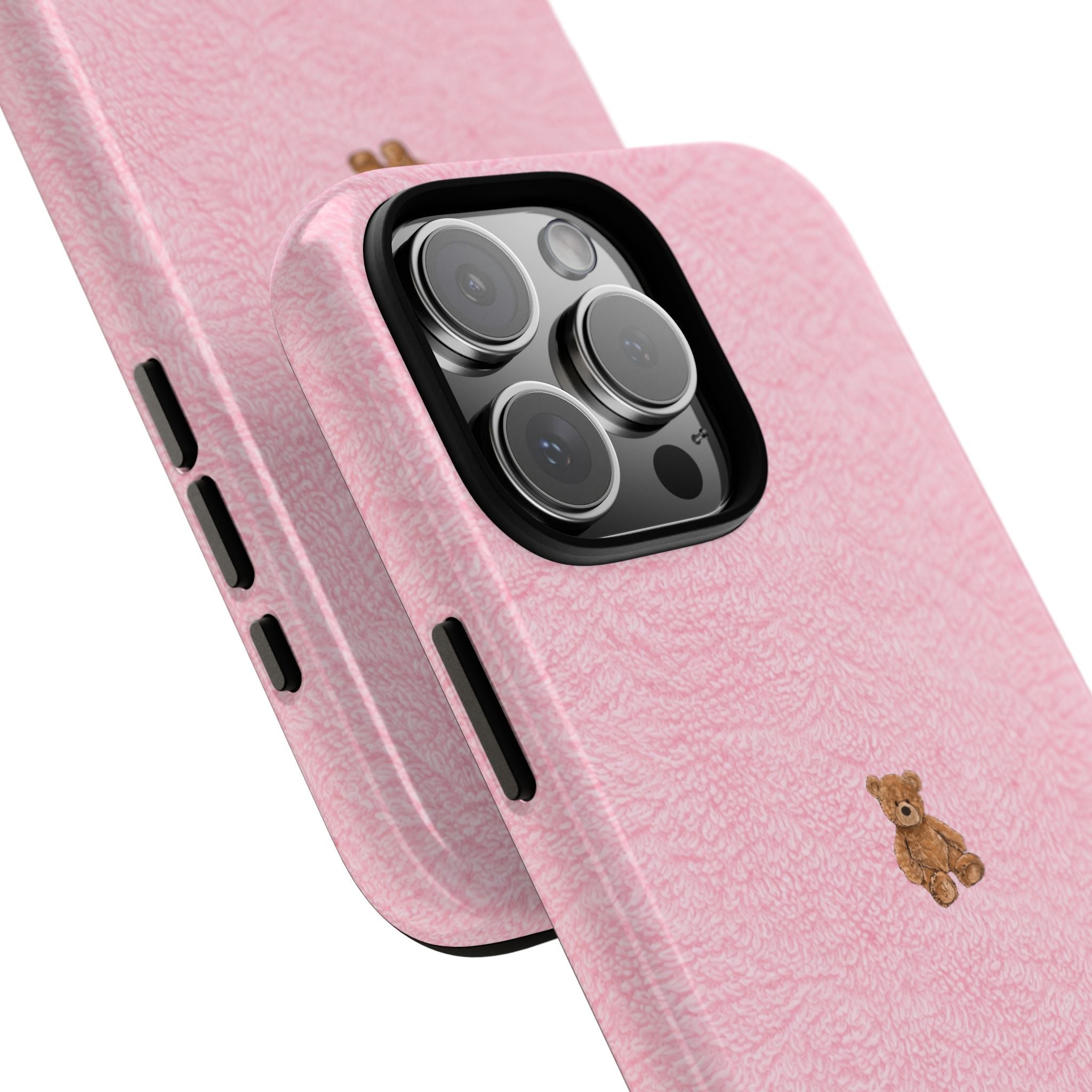 Pink fuzzy terrycloth phone case, teddy patch, side button cutouts and camera opening