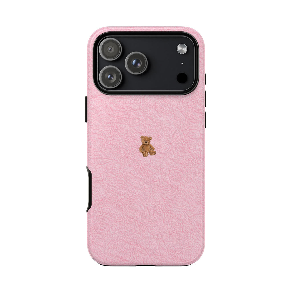 Pink terrycloth phone case with teddy patch and raised camera cutouts, fuzzy finish