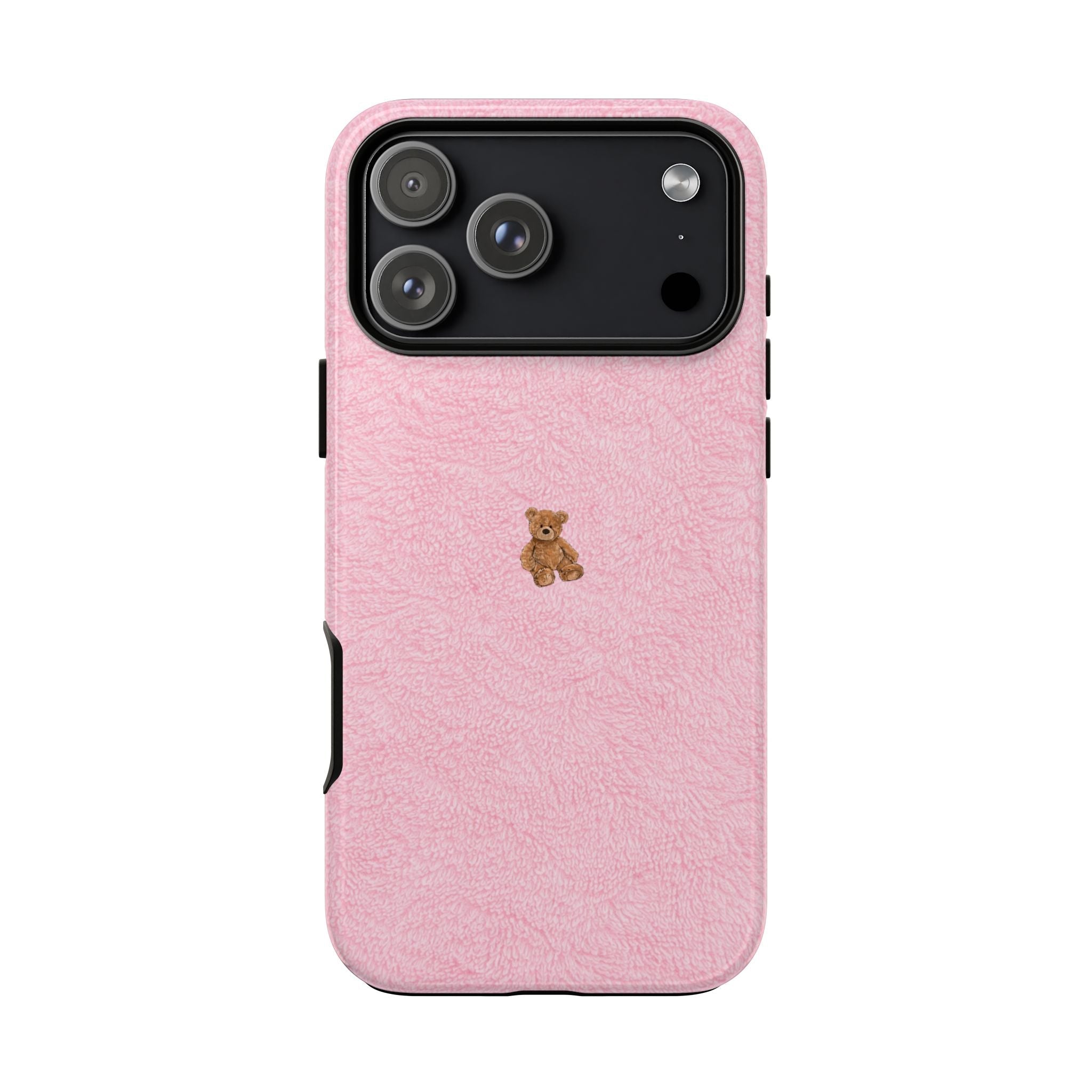 Pink terrycloth phone case with teddy patch and raised camera cutouts, fuzzy finish