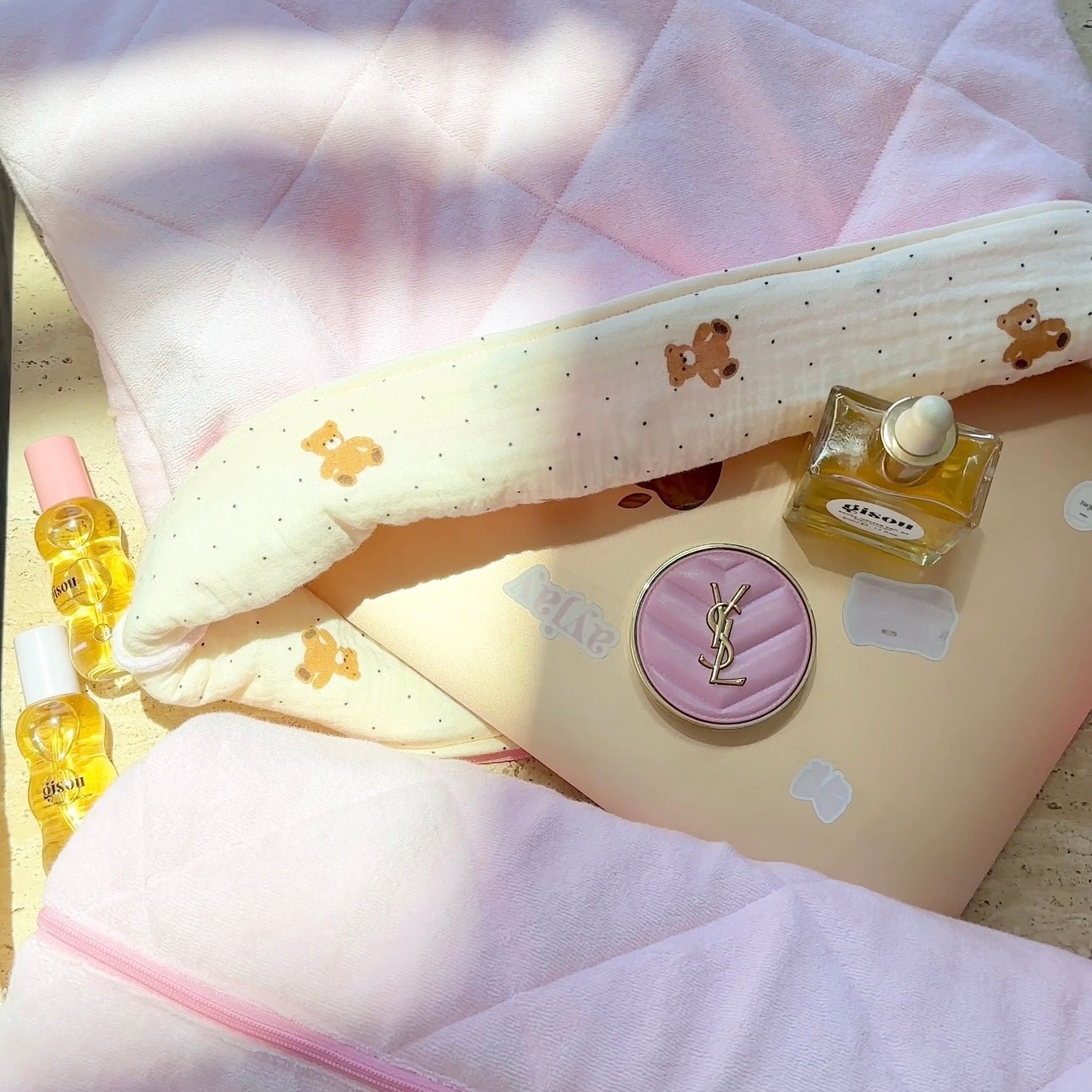 Baby pink terrycloth teddy bear fabric with polka dot pattern and bear motifs