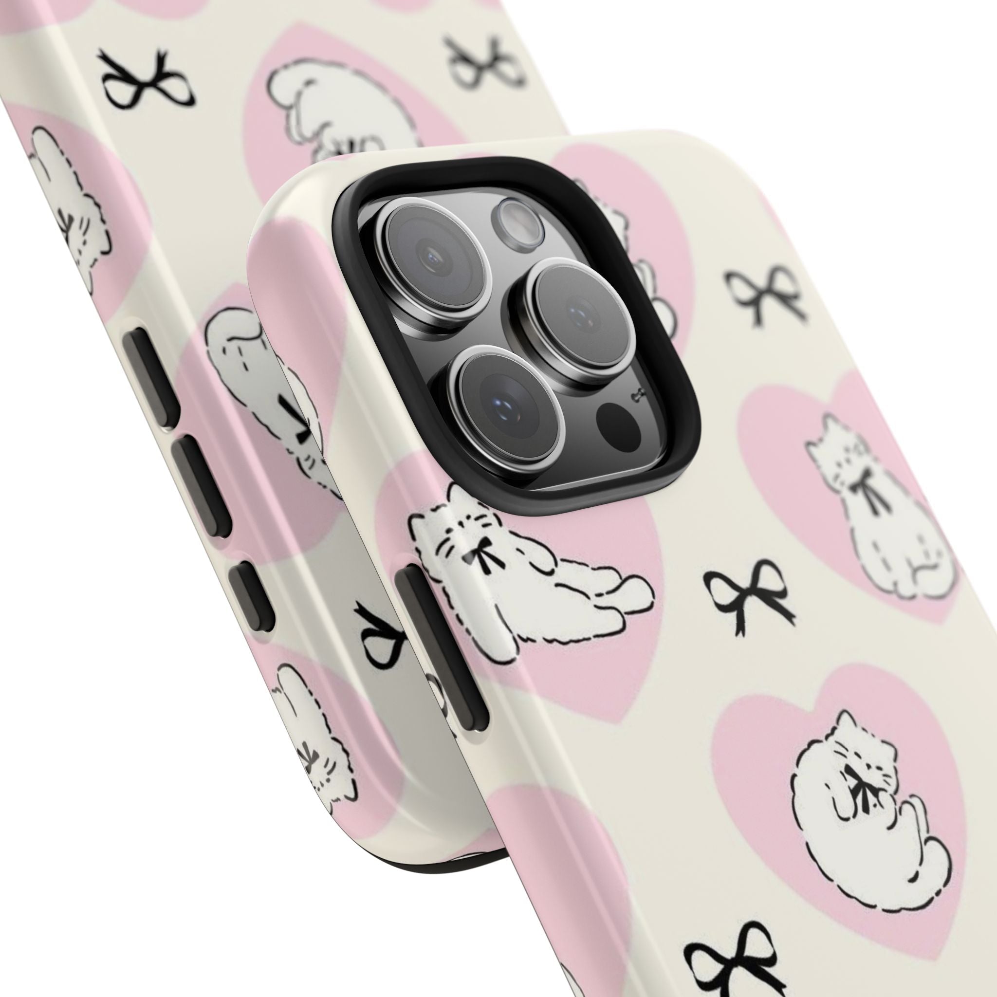Cream cat phone case with pink hearts and bows, close-up camera lens cutout