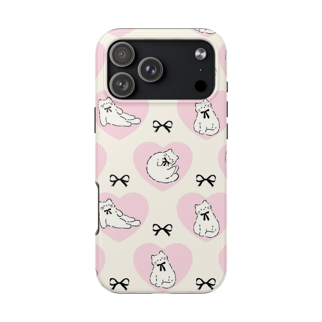 Cream phone case with pink hearts and cute cat drawings with bows