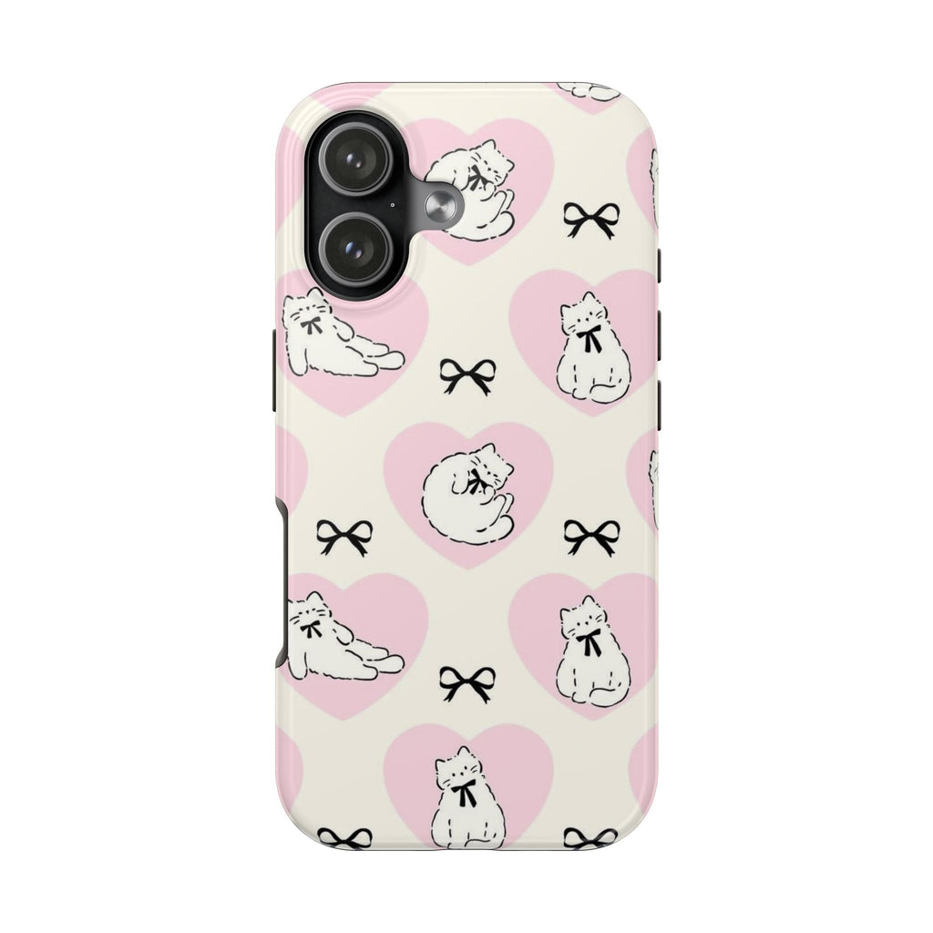 Cream phone case with repeating cat faces in pink hearts and black bow details