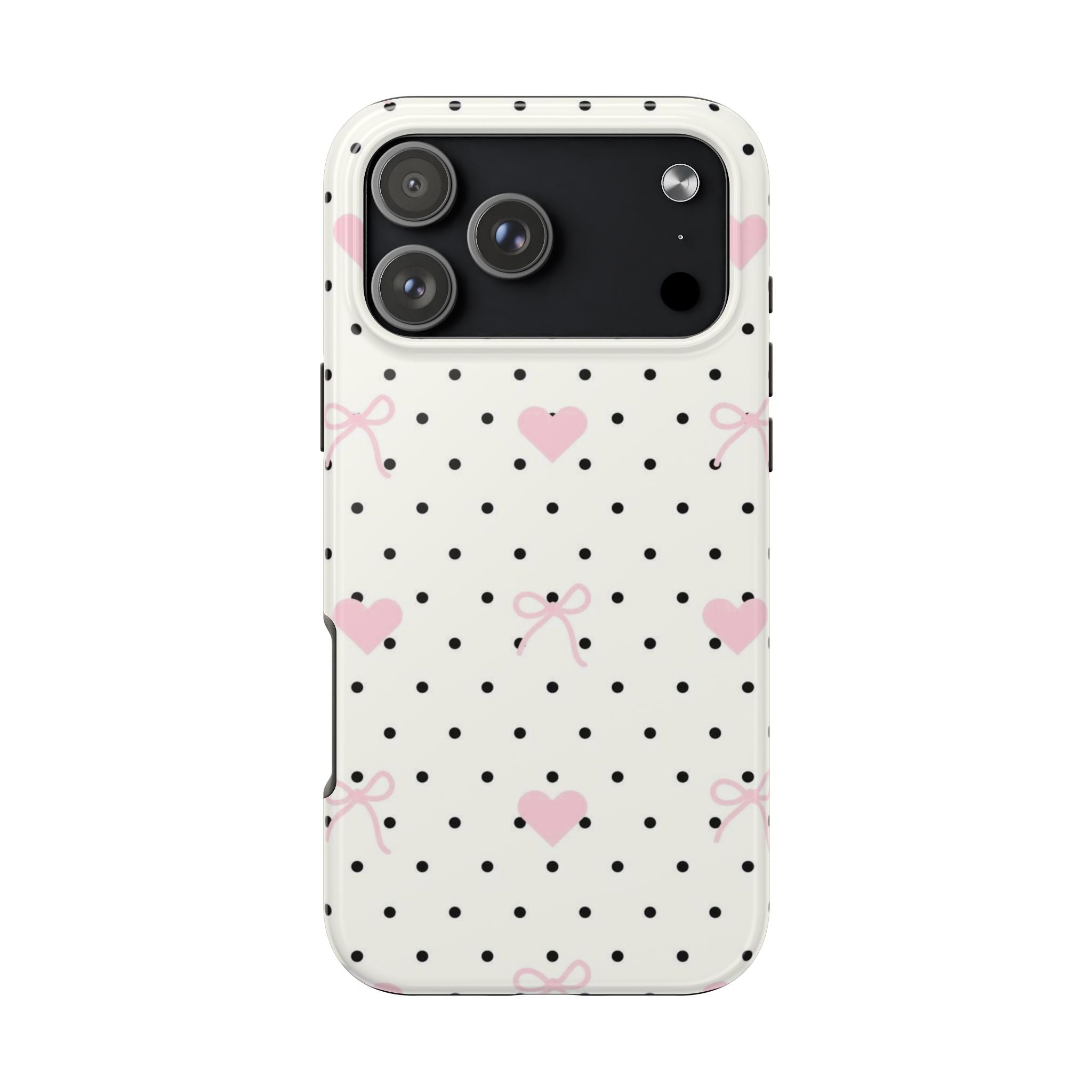 White phone case back with black polka dots, pink hearts and bow details