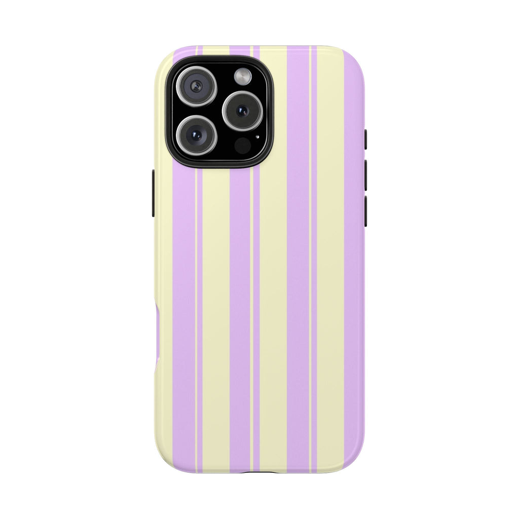 Front view lavender and cream striped phone case with raised camera protection