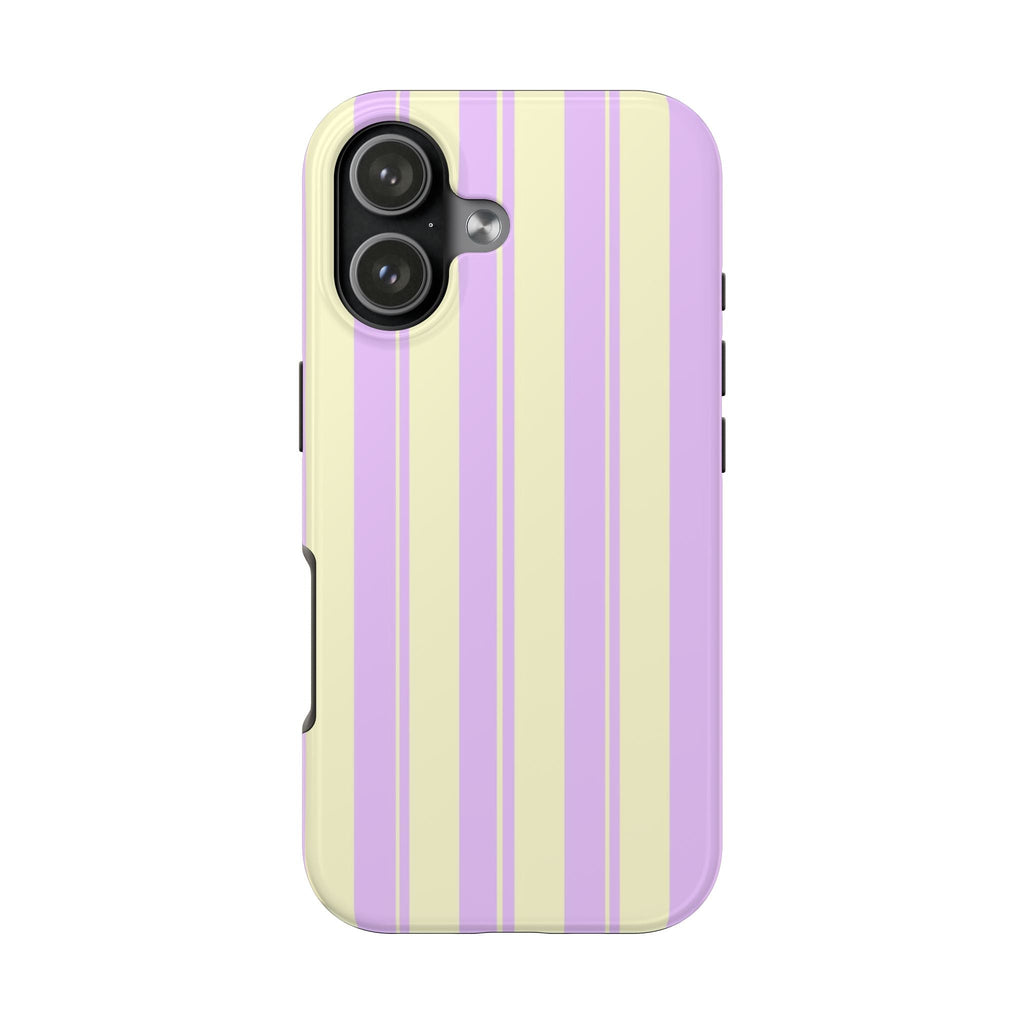 Lavender-and-cream striped phone case with camera bump and side openings