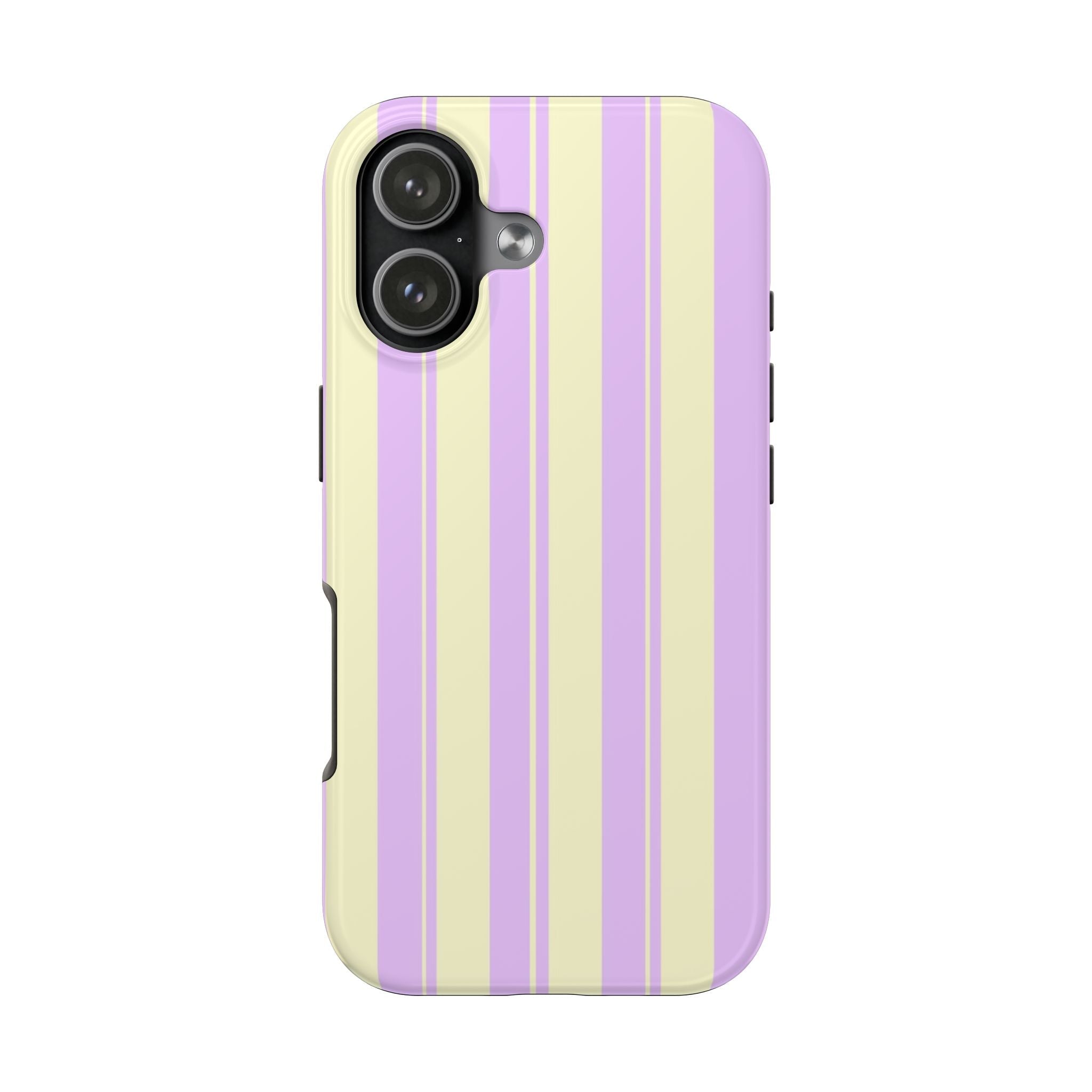 Lavender-and-cream striped phone case with camera bump and side openings