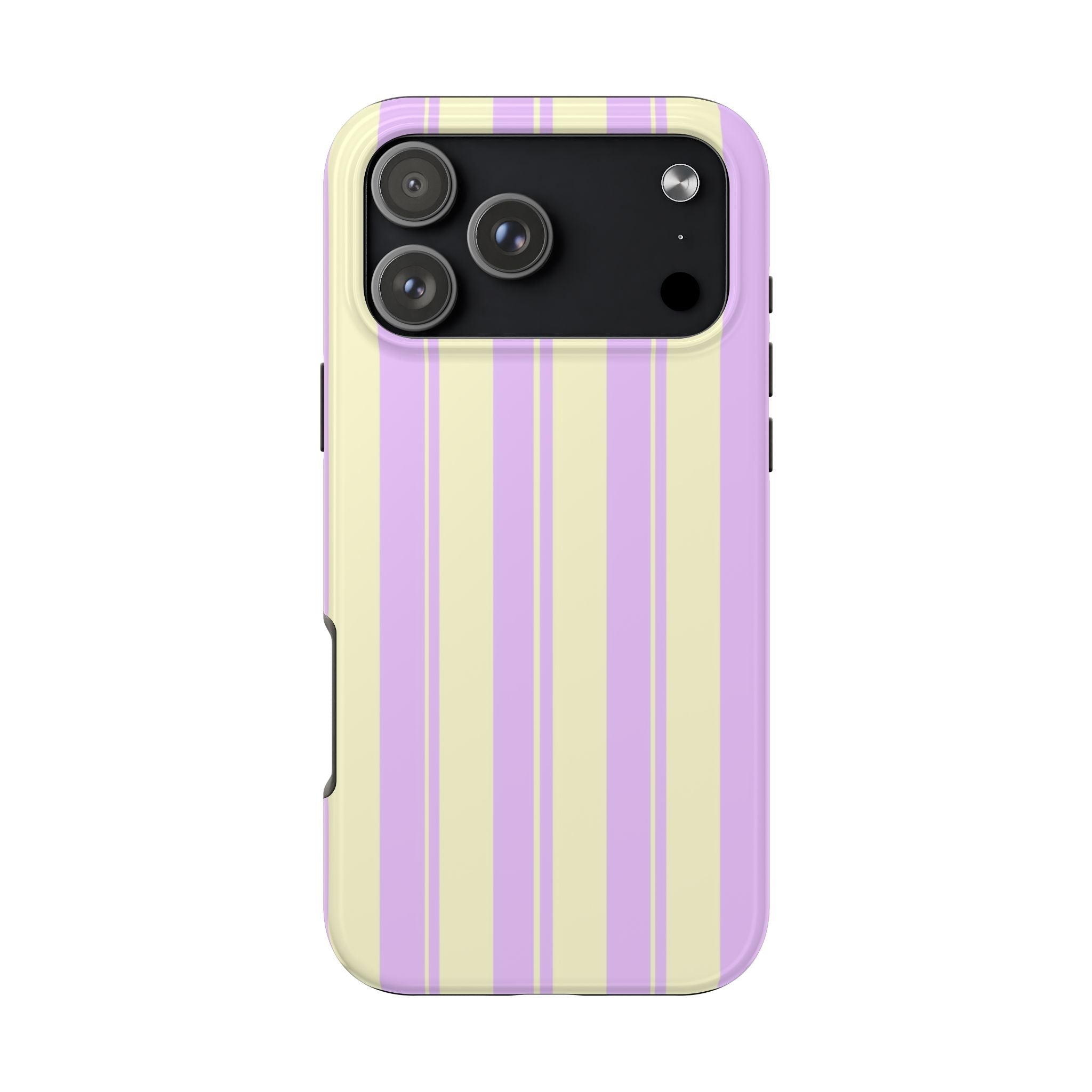 Pastel striped phone case in lavender and cream, dual-camera cutout