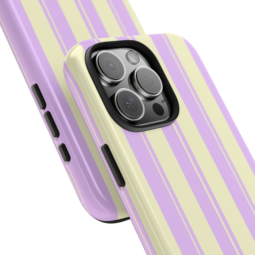 Close-up striped phone case corner showing camera lenses and cutout