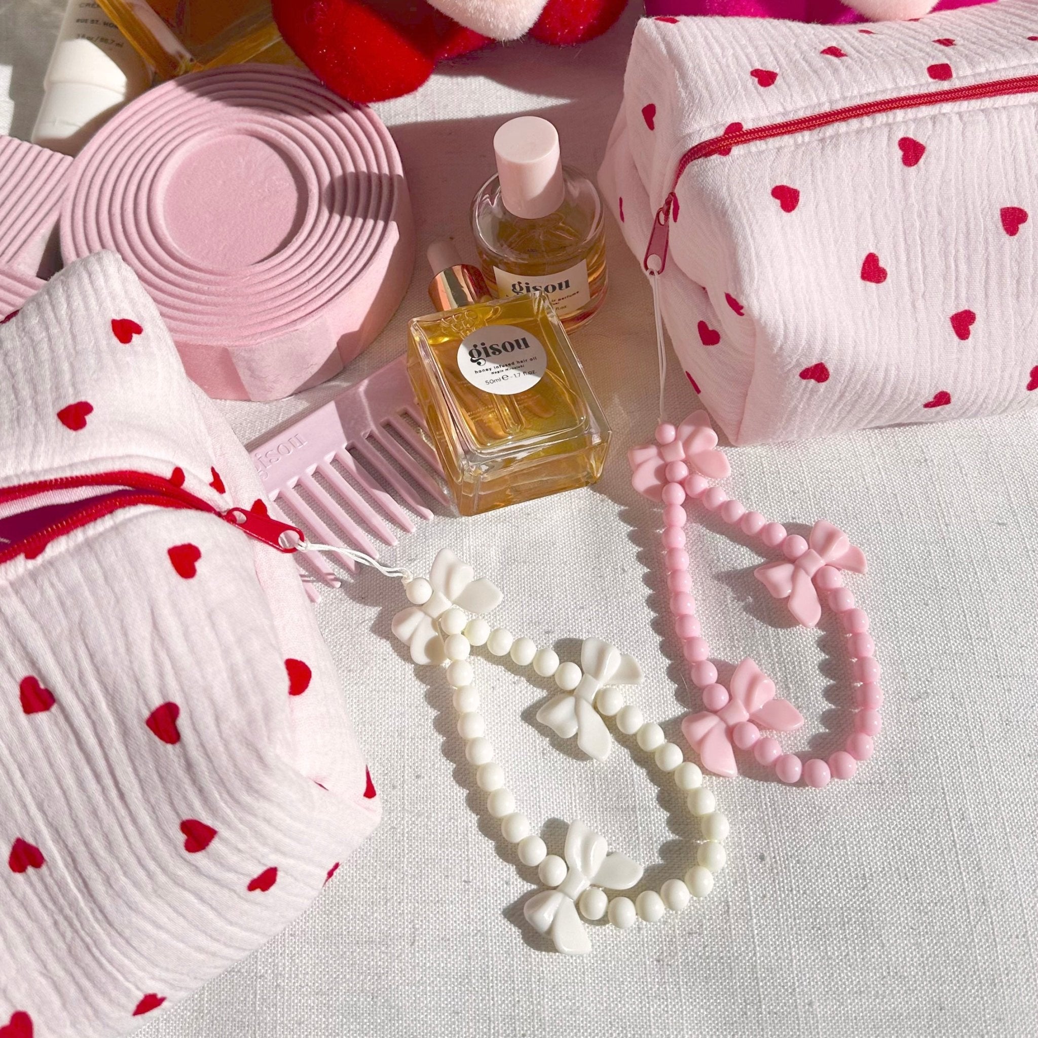 Bow bag charm, white beaded heart bow with scalloped bead loops