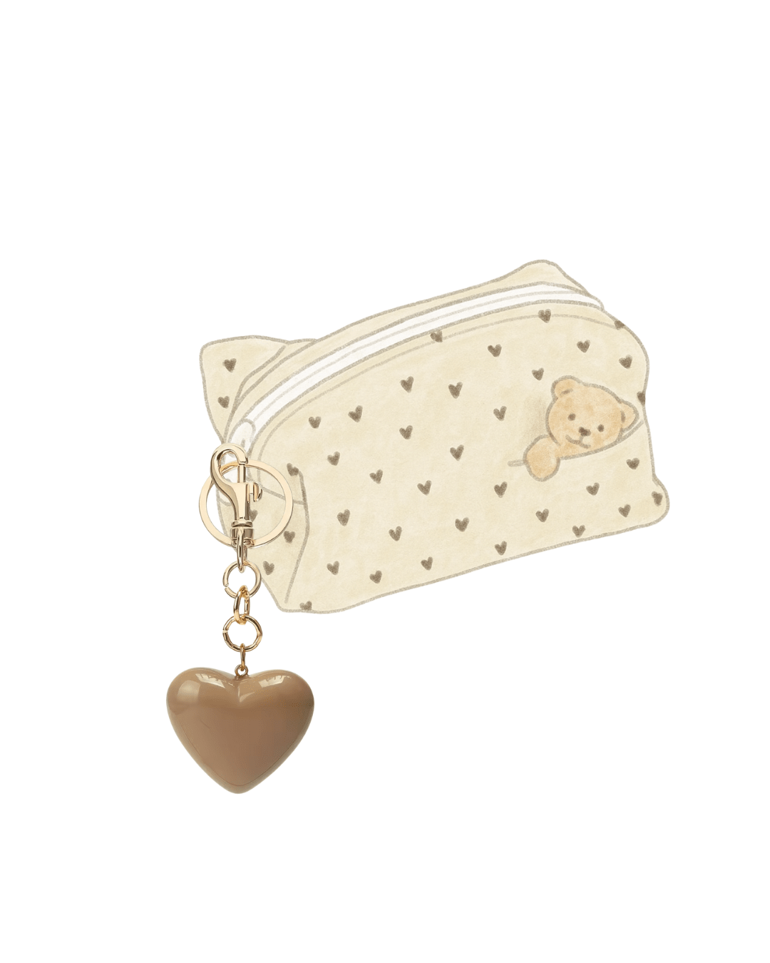 Cream heart-print bag with bear patch and brown heart charm