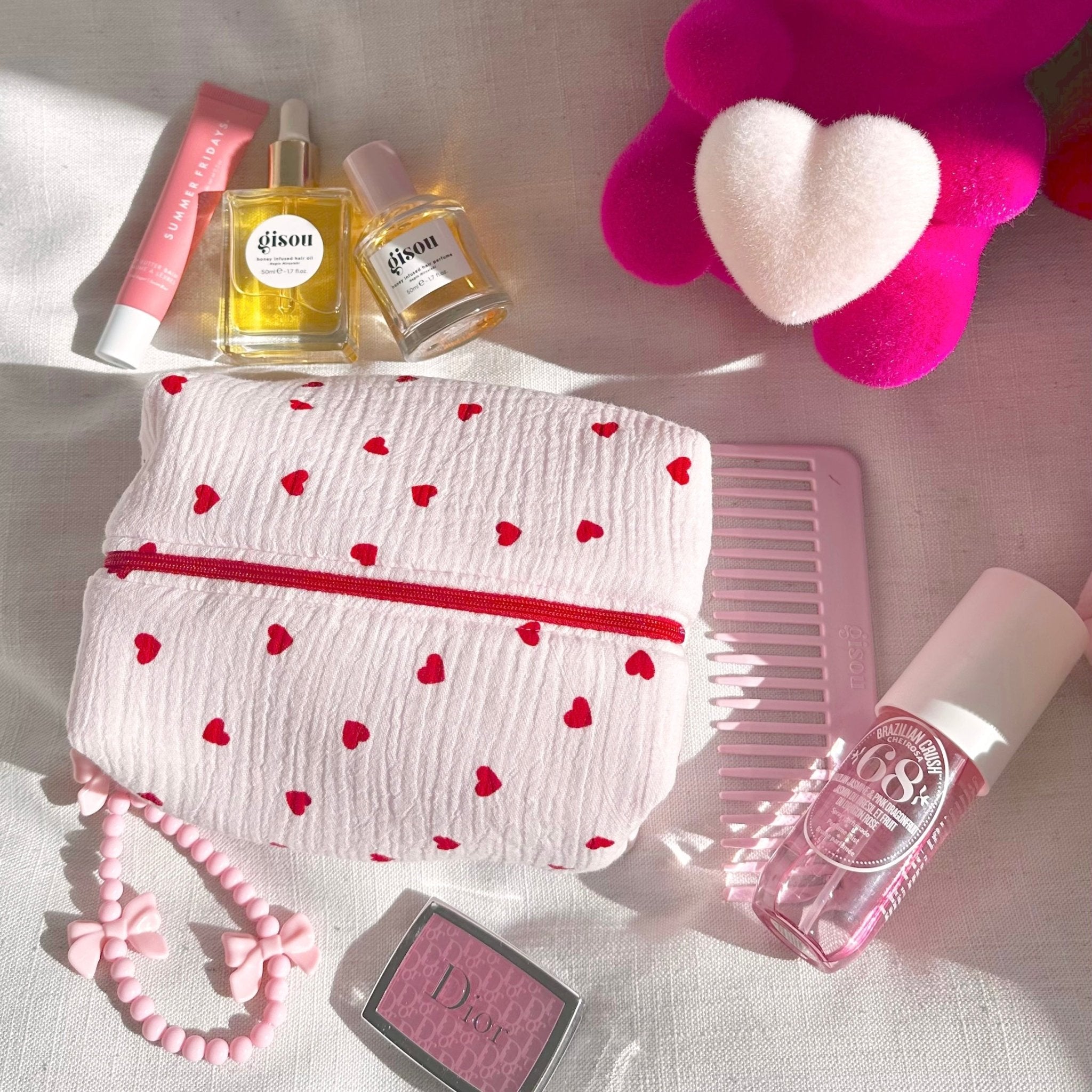 Bow bag charm, pink beaded heart bow with ribbon-style bead loops