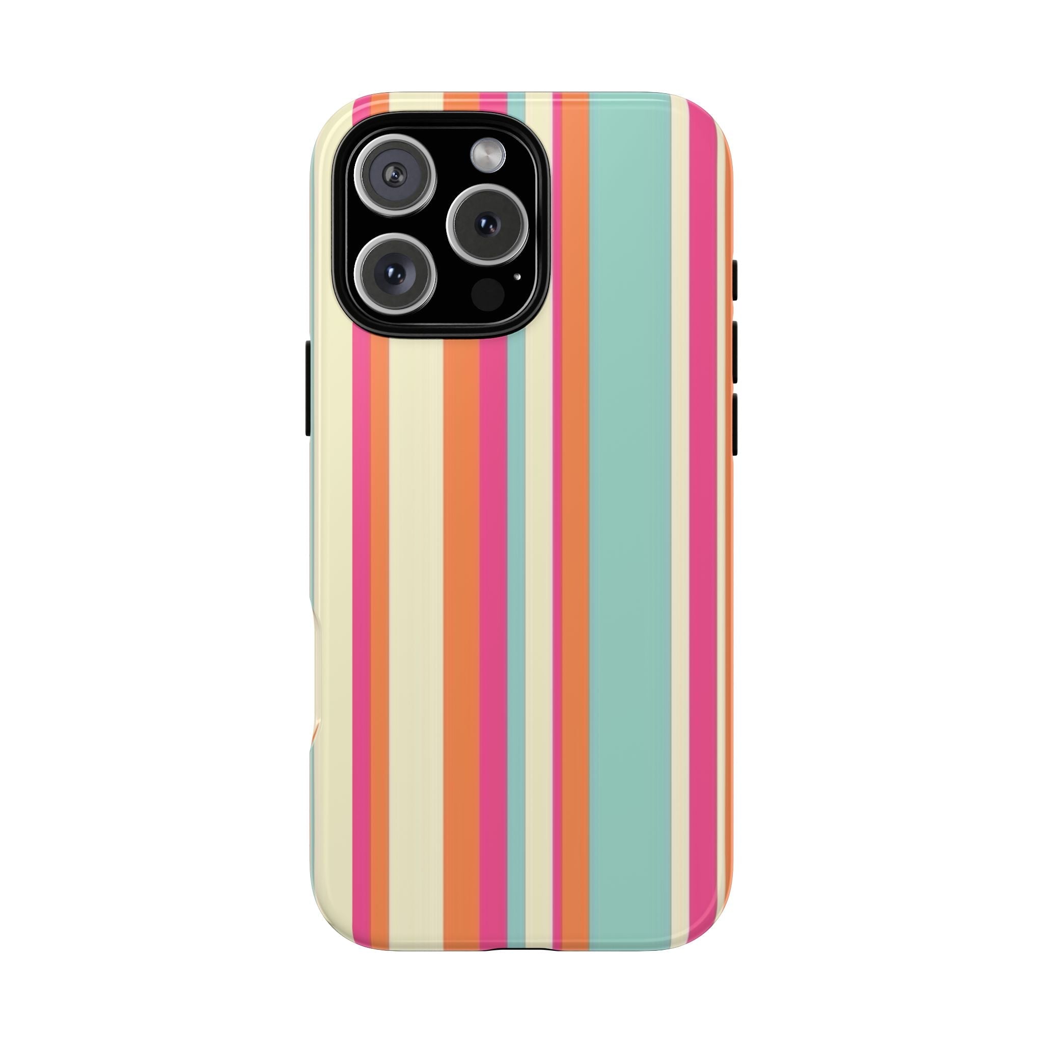 BAJA striped phone case with mint teal, pink, orange, and cream vertical stripes