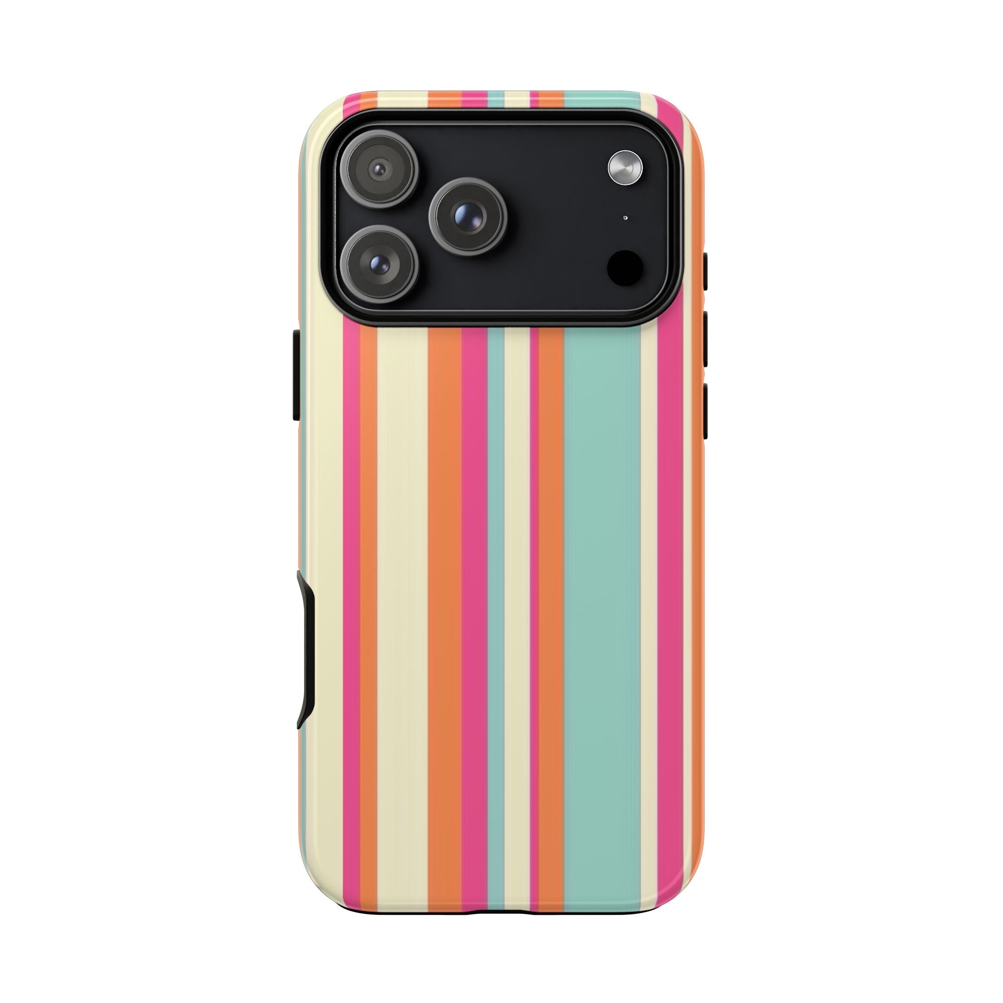 Phone case in mint teal and cream with vertical Baja stripes and camera cutout