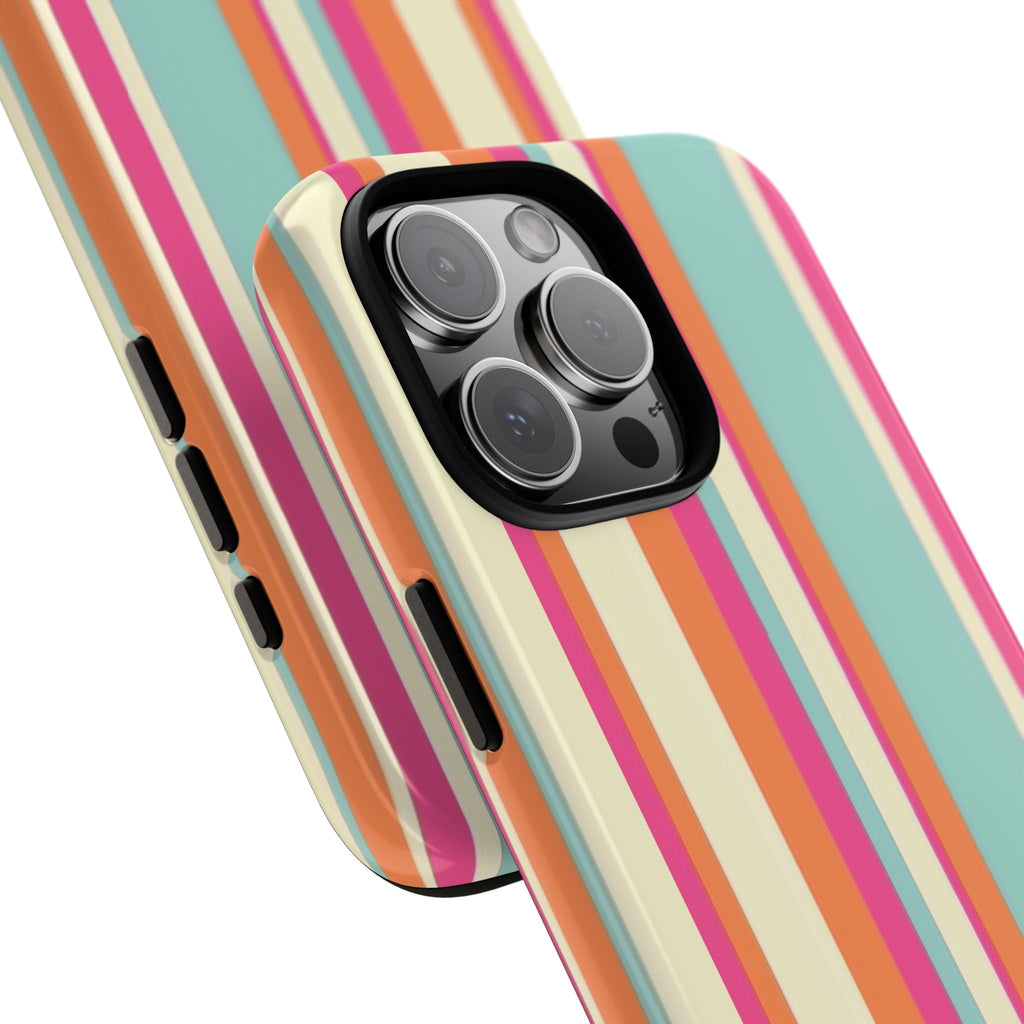 Angled view of striped phone case in mint teal, cream, orange, and pink vertical lines