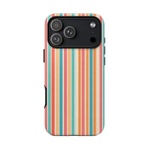 Bali stripes phone case back with vertical multicolor stripes and raised camera edge