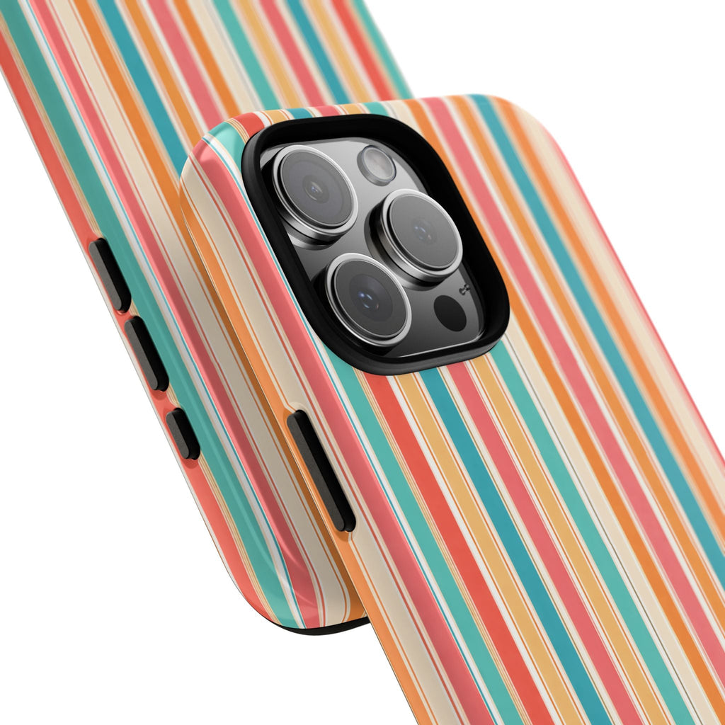 Bali stripes phone case angled view showing vertical multicolor stripes and camera lenses