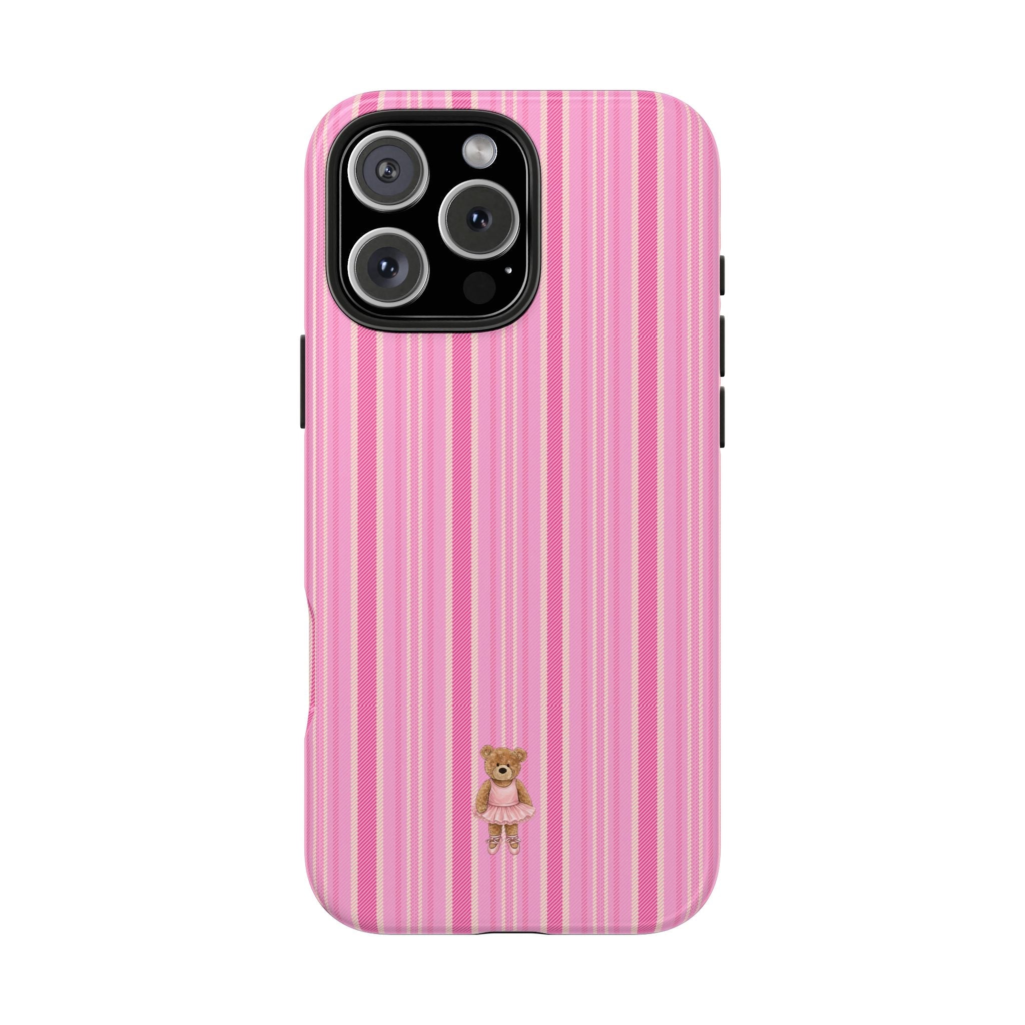 Pink and white vertical stripe phone case with tiny teddy bear in dress