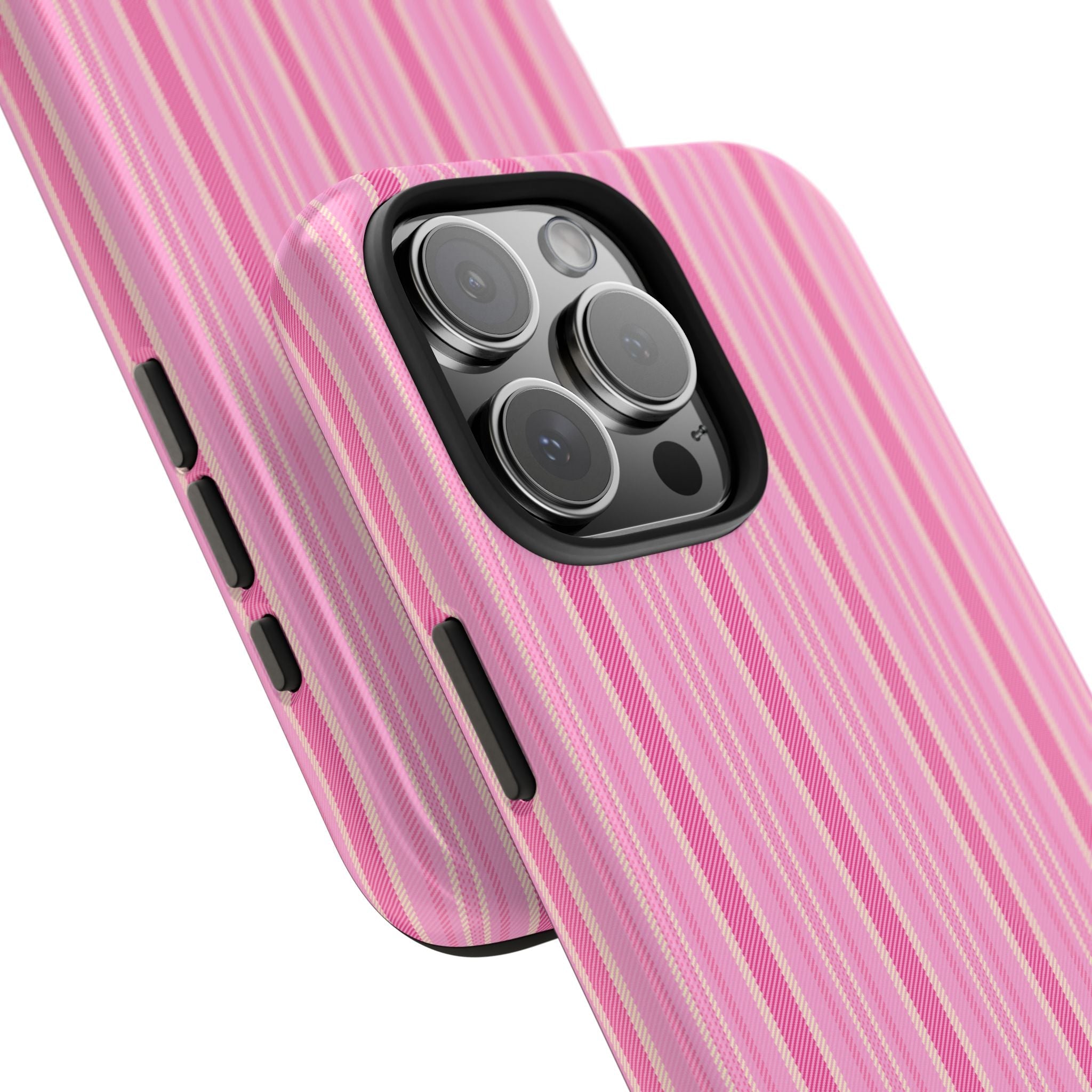 Pink striped phone case showing camera cutout and side buttons on case edge