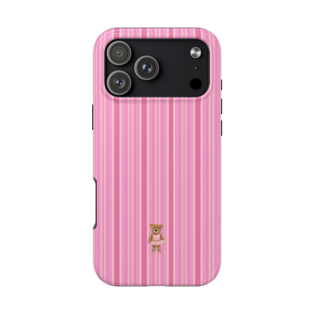 Pink striped mini teddy bear phone case with small ballerina bear charm